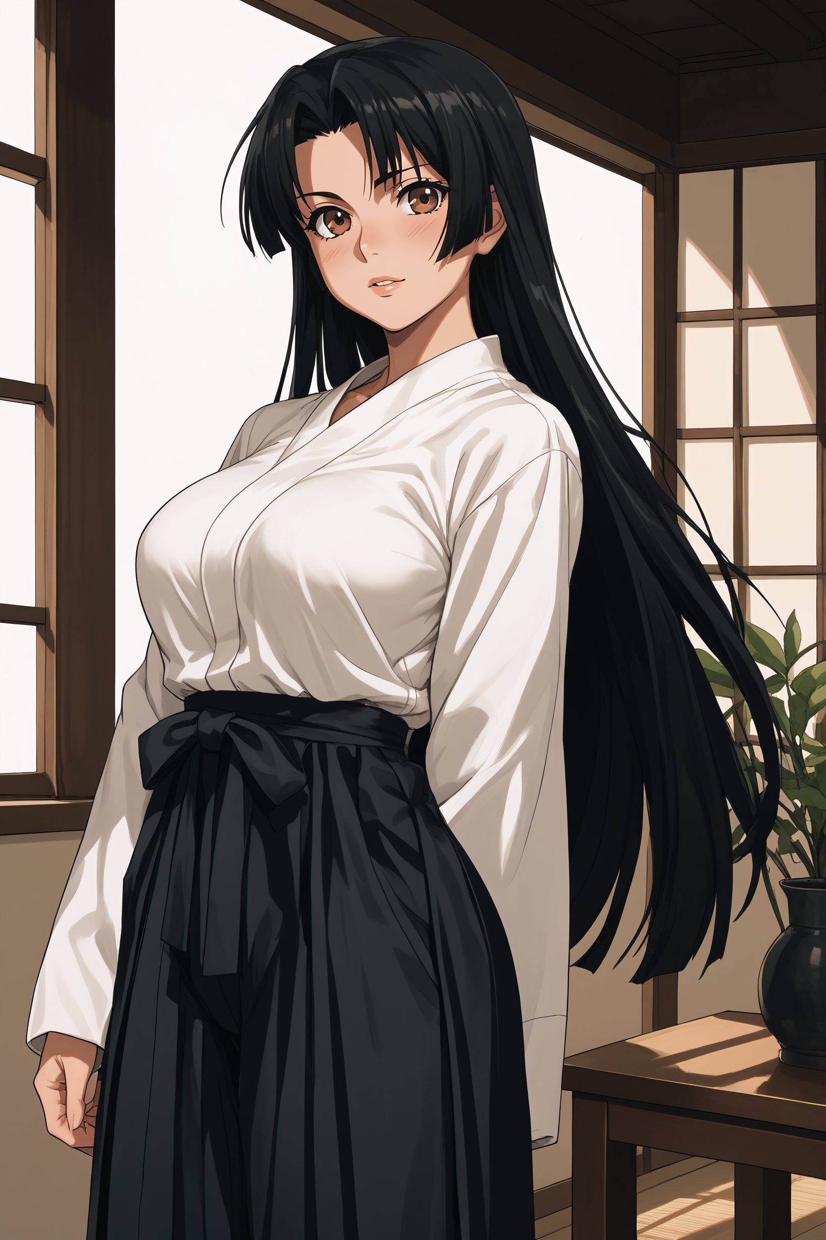 score_9, score_8_up, score_7_up, BREAK source_anime, <lora:Cal Shekar-PonyXL-lora-Faxtron:0.8> cal shekar, brown eyes, black hair, long hair, large breasts, hadanugi dousa, long sleeves, black hakama,