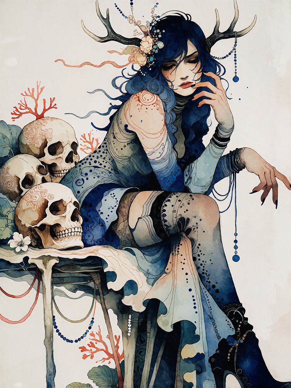 Bradhamel art style. A surreal,  intricately detailed illustration of a reclining female figure with long dark blue hair a...