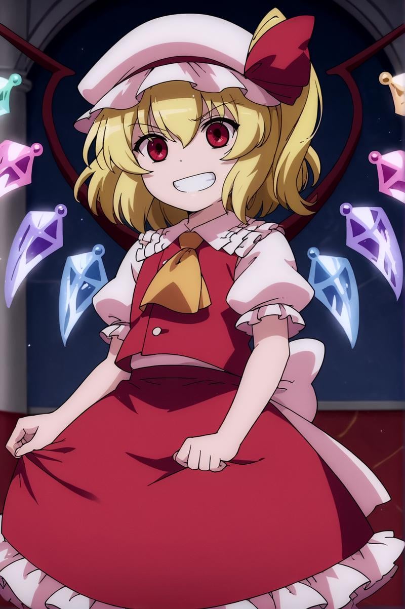 score_9, score_8_up, score_7_up,anime_source, source_anime, best background, detailed background, anime screencap,  Flandre, ascot, grin, crystal, frilled skirt, frills, hat, hat ribbon,  indoors, looking at viewer, puffy short sleeves, puffy sleeves, red ribbon, red skirt, red vest, ribbon, shirt, short sleeves, skirt, vest, white headwear, white shirt, wings <lora:JN_Flandre_Scarlet:0.8>