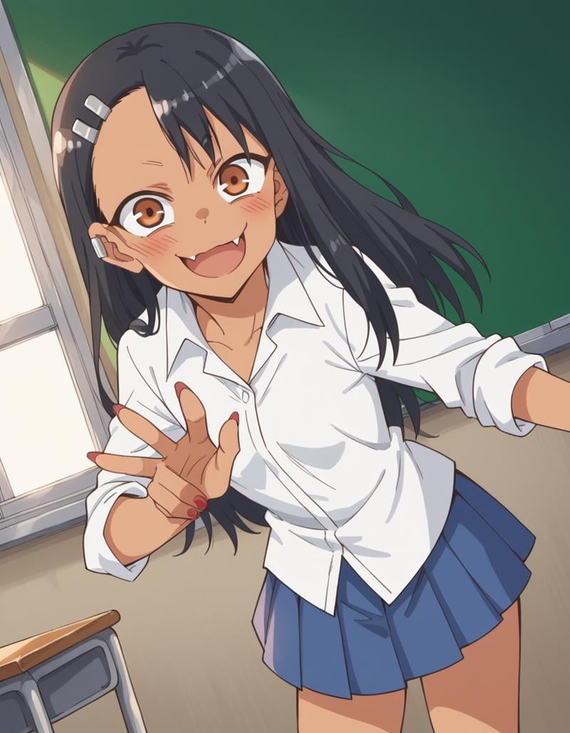 score_9, score_8_up, score_7_up, source_anime,hayasenagatoro, <lora:hayase-nagatoro-s1s2-ponyxl-lora-nochekaiser:1>,hayase nagatoro, long hair, bangs, black hair, hair ornament, brown eyes, hairclip, fang, dark skin, dark-skinned female, tan,skirt, shirt, school uniform, white shirt, pleated skirt, nail polish, blue skirt, red nails, earclip,indoors, classroom, bent over, smile,looking at viewer, cowboy shot, solo, dutch angle,