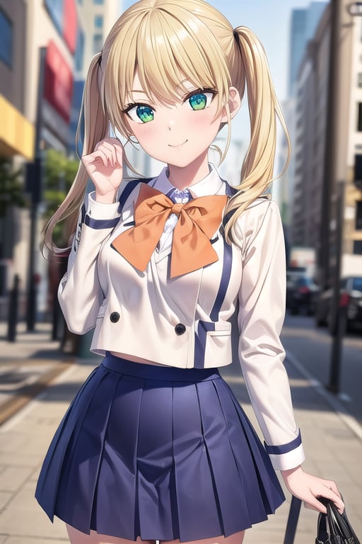 1girl, solo, blonde_hair, skirt, green_eyes, bow, school_uniform, pleated_skirt, twintails, smile, orange_bow, bowtie, outdoor, blue_skirt, orange_bowtie, shirt, long_hair, cowboy_shot, long_sleeves, looking_at_viewer, bangs, standing, white_shirt, jacket, closed_mouth,mirika<lora:EMS-179-EMS:0.300000>, <lora:EMS-469178-EMS:0.800000>