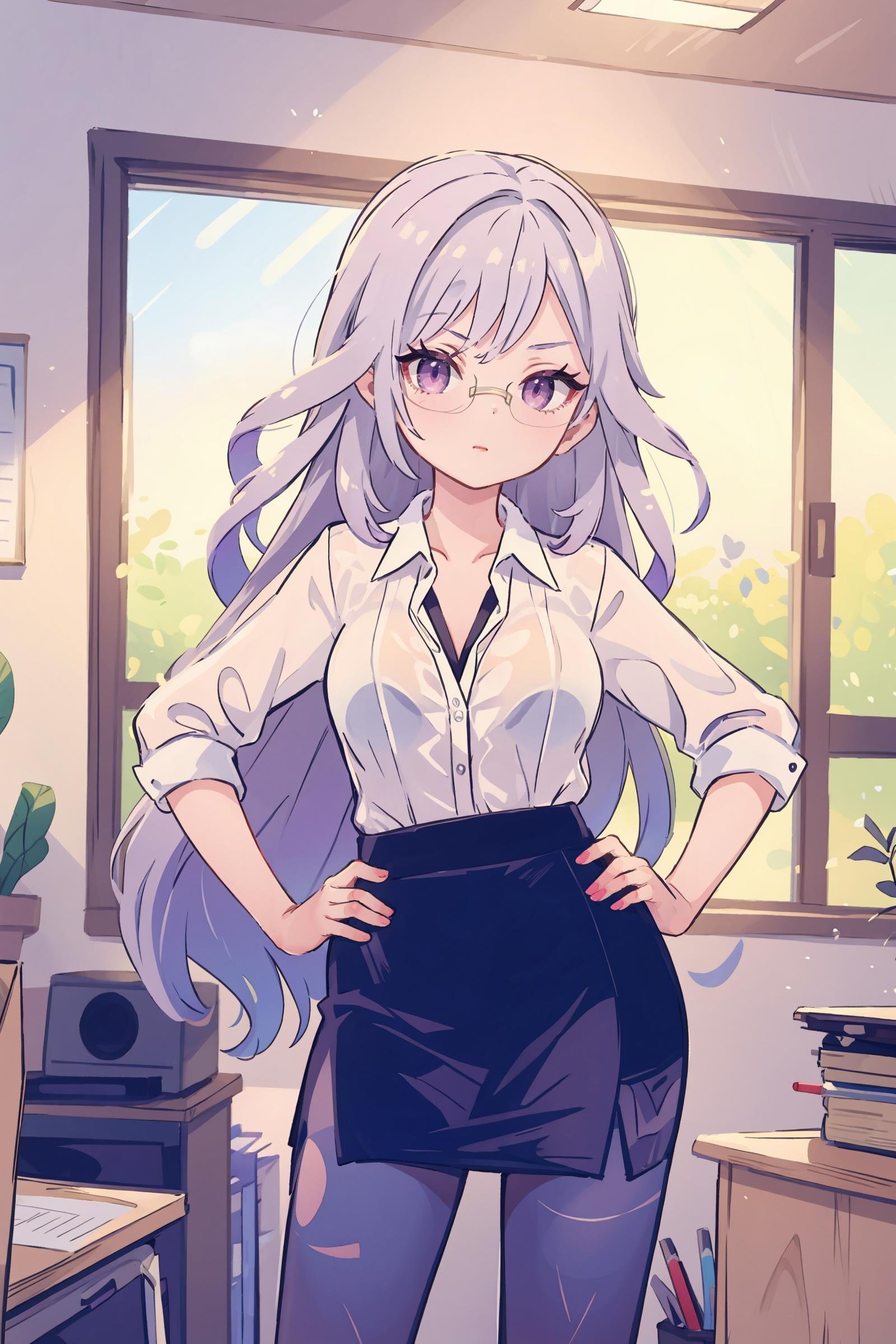 1girl, skirk \(genshin impact\), solo, office lady, white collared shirt, pencil skirt, pantyhose, glasses, glaring, looking at viewer, hand on hip, office, indoors, depth of field, masterpiece