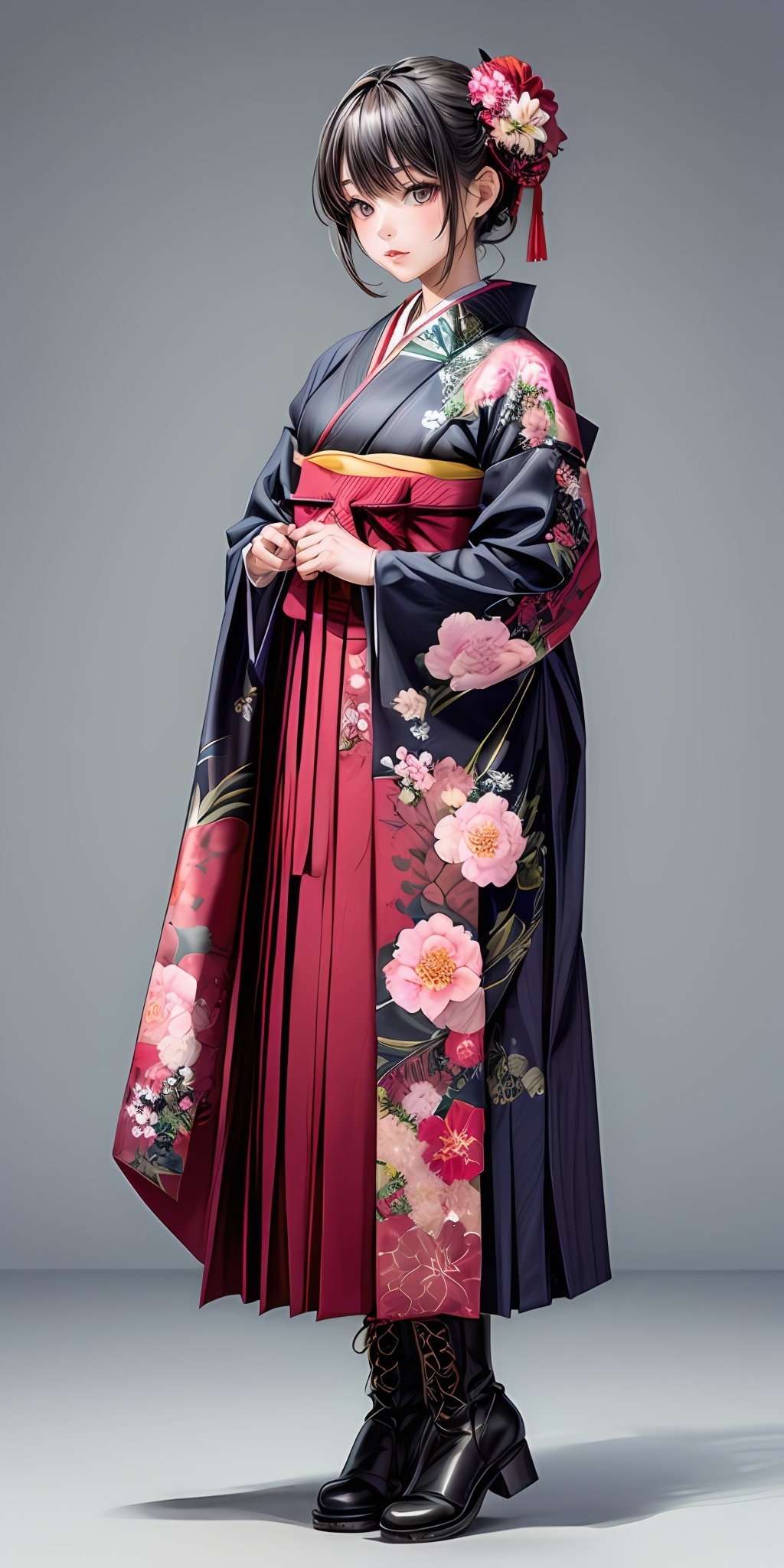 (masterpiece,ultra-detailed,best quality,8K,CG,illustration,shaved:1.0),(girl:1) <lora:more_details:1>,simple background , <lora:furisode hakama v1.0:0.5> furisode, jyojifuku, hakama, floral print, hair ornament, boots