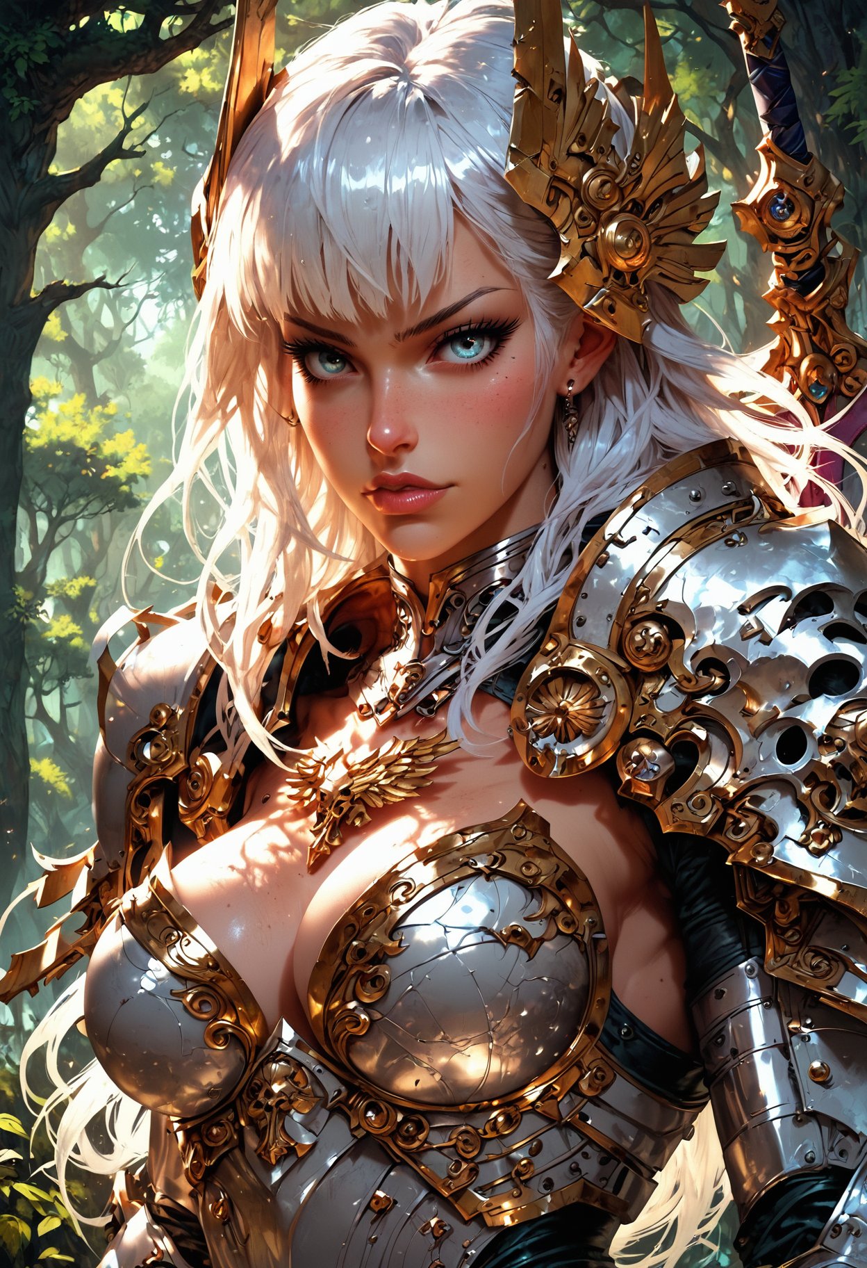 (score_9, score_8_up), score_7_up, zPDXL, solo,  <lora:MythP0rtr4itStyle:1>, mythp0rt, 1girl, beautiful, white hair, long hair, bangs, fair skin, big breasts, leather armor, sword, forest, dappled sunlight, upper body, looking at viewer, shine, shine of steel