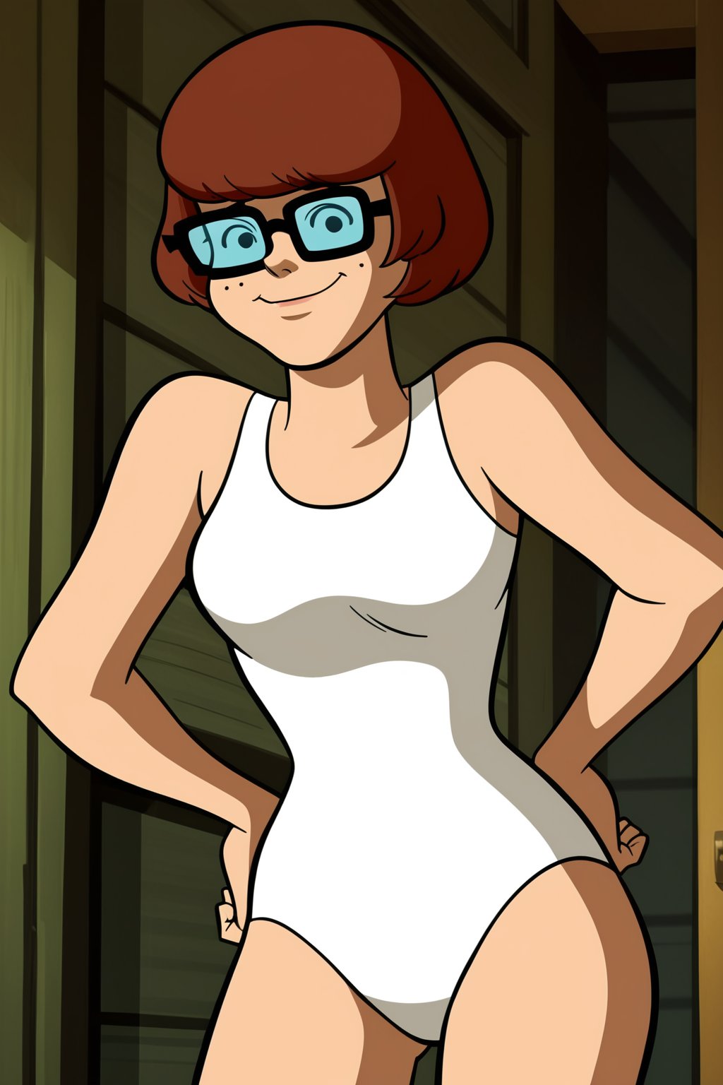 score_9, score_8_up, score_7_up, score_6_up, score_5_up, score_4_up, BREAK, <lora:Velma:1>, 1girl, Velma, brown hair, black eyes, no sclera, glasses, white swimsuit, one-piece swimsuit, standing, hands on hips, smiling, closed mouth