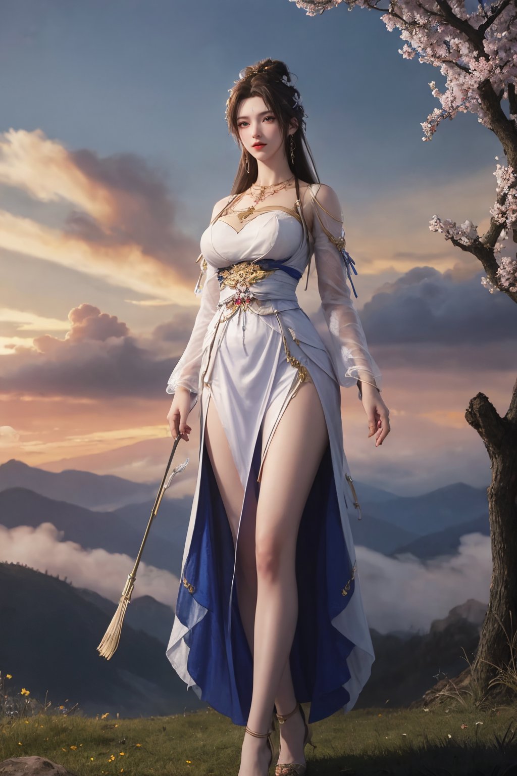 1girl, jewelry, dress, hair ornament, solo, white dress, earrings, long hair, full body, brown hair, sky, necklace, cloud, long sleeves, hair bun, cloudy sky， sky，looking at viewer，night，standing,sakura，sky，blue sky，cloud，flowers，trees，(large breasts:1.2),under tree，sunshine，ultra-detailed, highres, extremely detailed,best quality ,masterpiece, illustration, extremely delicate and beautiful,CG ,unity ,8k wallpaper,Amazing, finely detail,official art,<lora:dingdang-qingyixs:0.65>， 