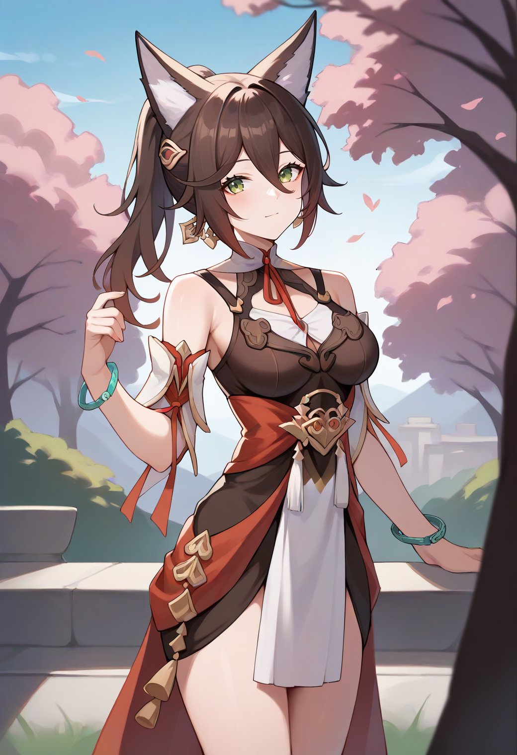 score_9,score_8_up,score_7_up,score_6_up,score_5_up,score_4_up,1girl, tingyun \(honkai: star rail\), fox ears, long hair, ponytail, sleeveless dress, detached sleeves, bracelet, breasts, sash, solo, cowboy shot, outdoors, looking at viewer,<lora:tingyunponyxl:1>