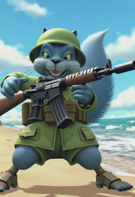 conkerlr. a blue squirrel in army uniform and holding an assault rifle storming the beach. by Andarkan Music on Tensor.Art
