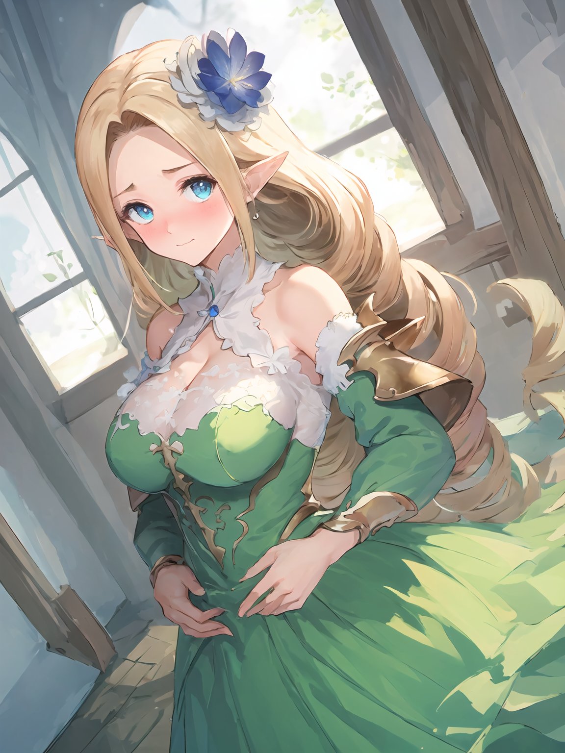 masterpiece,best quality,highres,cinematic lighting,dramatic angle,1girl,<lora:ShadowverseBrilliantFairyV1-000021:0.8:lbw=jiangshi3>,blonde hair,parted bangs,blue eyes,hands on own chest,covering breasts,blush,(embarrassed:1.2),hair flower,pointy ears,looking at viewer,shy,green dress,cleavage,bare shoulders