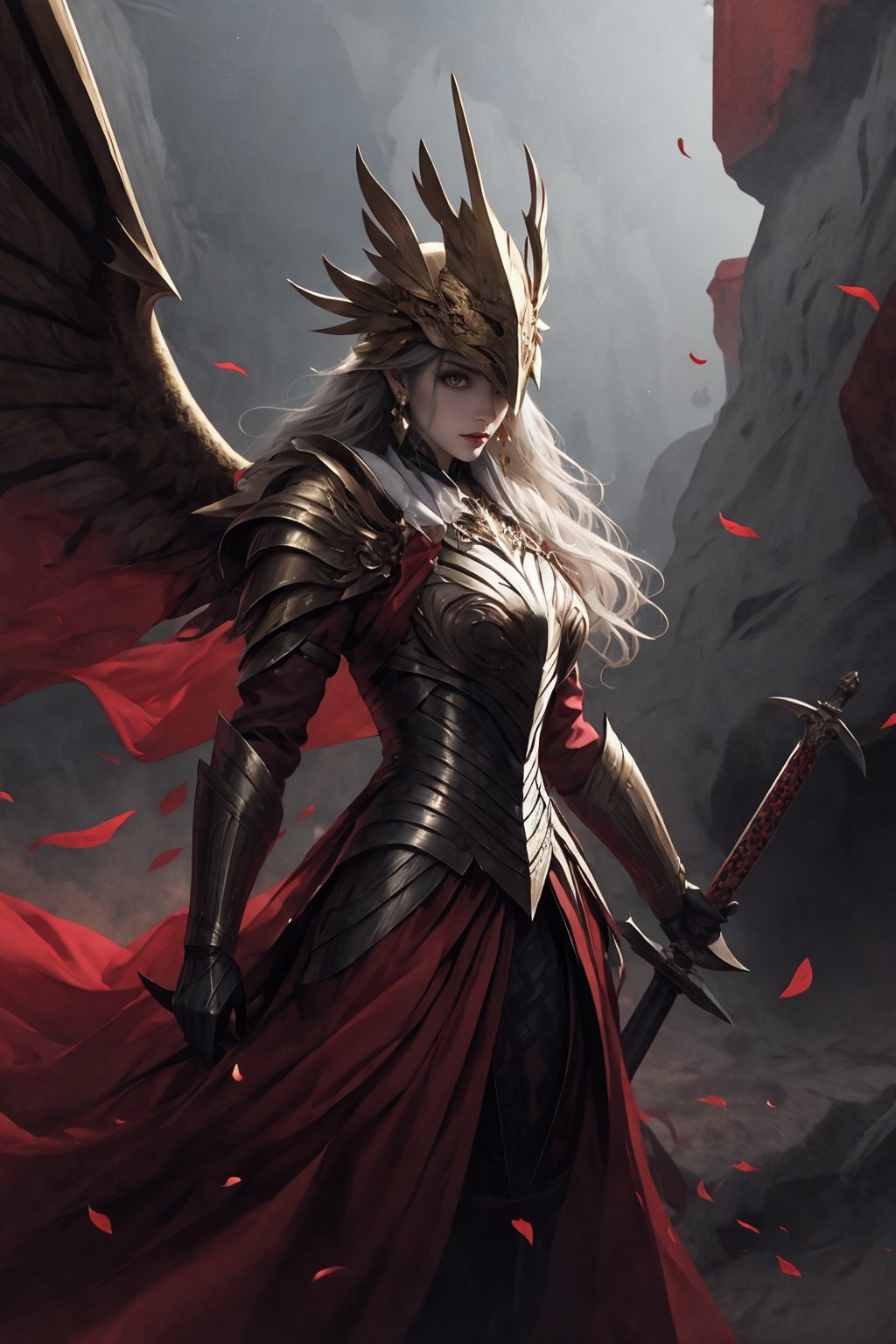 1girl，solo，jewelry，earrings，helmet，holding weapon，holding sword，Malenia in Elden Ring, dragon scale hat, in the style of epic fantasy scenes, gold and crimson,golden helmet,ritualistic masks with gold wings spread on it, mythical,Petals drift around her as her once-pristine form undergoes a graceful decay,glowing crimson eyes,in the underground cave with light shooting through the hole on the top,32k uhd,   painted by MichaelCTY(Chang Ting Yu),medieval knight armor,in the style of Dark SoulⅢ,painted by hamaya and macros,dark fantasy,majestic attire,captivating light,solarizing master,strong emotional impact,majestic figures，<lora:绪儿-女武神 winged helmet:0.8>