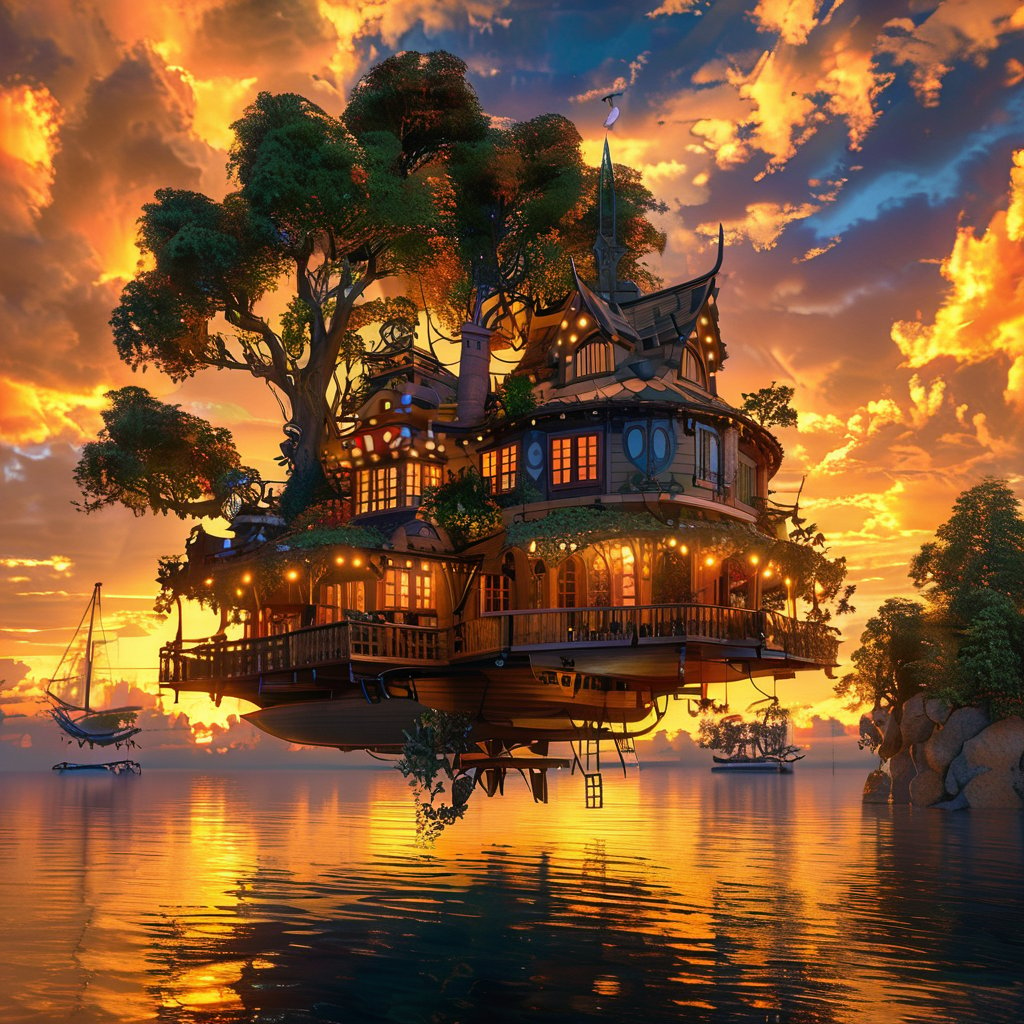 The image showcases a breathtaking scene of a floating house situated amidst a serene body of water during sunset. The house, with its intricate architectural details, appears to be built on multiple levels and is adorned with lights, giving it a warm glow. The surrounding environment is filled with lush greenery, including trees and plants, and the sky is painted with hues of orange, gold, and blue, reflecting the setting sun. In the distance, a sailboat can be seen sailing on the calm waters.<lora:Dream Home-000010:1>