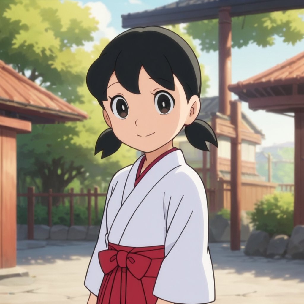 score_9, score_8_up, score_7_up, score_6_up, score_5_up, score_4_up, source_anime,minamoto shizuka,1girl, solo, japanese clothes, black hair,miko, black eyes, smile, twintails, outdoors, hakama, looking at viewer, skirt, short hair, day, short twintails, hakama skirt, tree, red hakama, long sleeves,masterpiece, perfect face, best quality, beautiful girl, cute girl, beautiful eyes, shiny eyes, anime coloring, anime screencap, absurdres, outdoors,  <lora:minamoto shizuka auti 912:0.8>