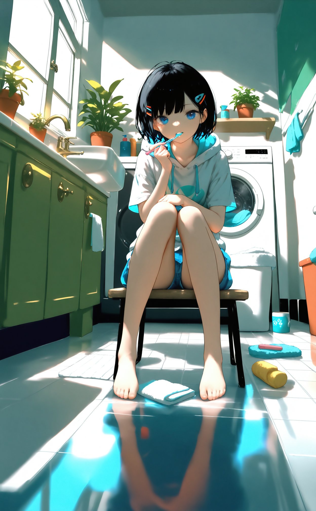 masterpiece,best quality,high quality,(colorful),nai3 Style,loli,1girl,brushing teeth,toothbrush,black hair,barefoot,shorts,solo,holding,cup,white hoodie,indoors,blue shorts,sitting,mirror,plant,potted plant,faucet,hoodie,short hair,bathroom,hair ornament,hood,tiles,sink,holding cup,hairclip,toes,towel,washing machine,stool,tile floor,knees together feet apart,feet,reflection,short shorts,chair,bare legs,short sleeves,holding toothbrush,full body,hood down,legs,toenails,window,blue eyes,mug,drawstring,day,cabinet,sunlight,reflective floor,knees up,