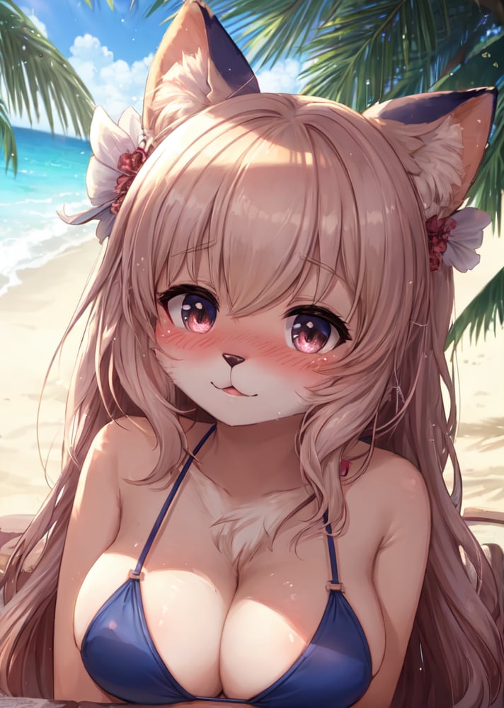 (furry:1.2), focus on face, bikini, blush, beautiful lights and shadows