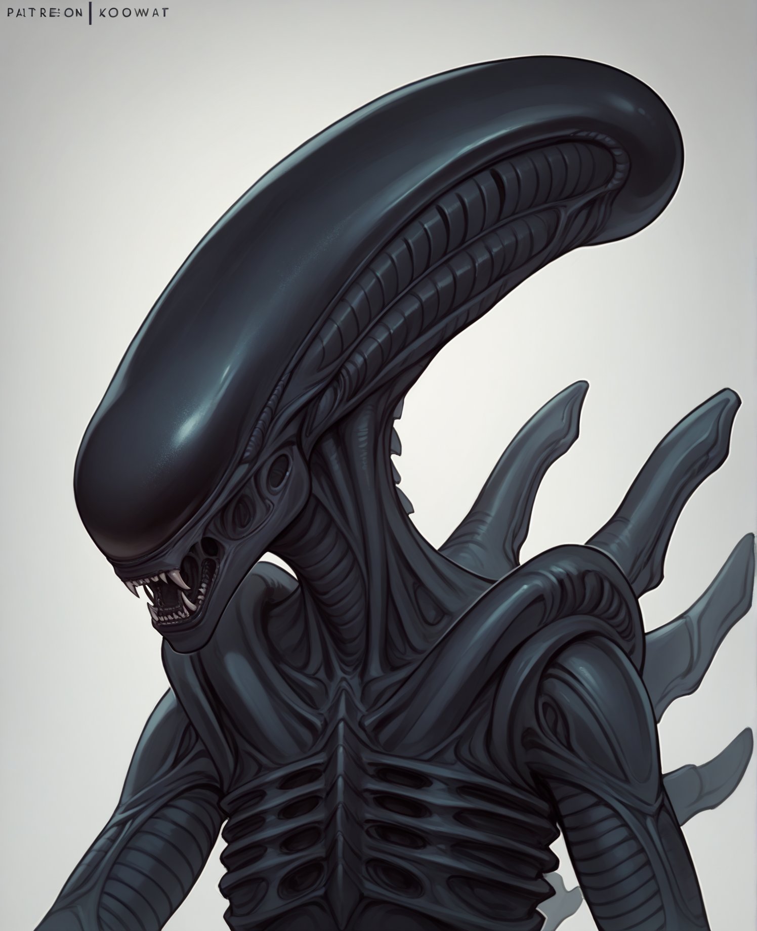 score_9, score_8_up, score_7_up, score_6_up, score_5_up, score_4_up, source_furry, alien, xenomorph, black body, black skin, solo, spikes, spikes \(anatomy\), (female:1.2), headshot portrait, close-up, (looking at viewer:1.2), front view, open mouth, sharp teeth, screeching, intimate, fangs<lora:xenomorph_pdxl:1>