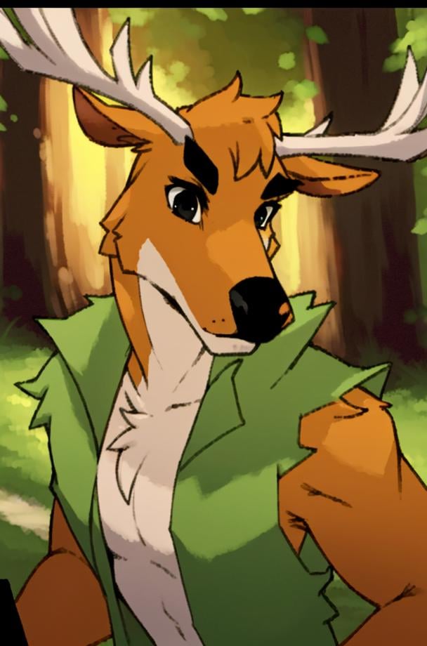 BamboCzar, (ripped sleeves, green open vest, chest tuft, antlers, deer ears, snout, black eyes), (masterpiece:1.2), hires, ultra-high resolution, 8K, high quality, (sharp focus:1.2), clean, crisp, cinematic, <lora:Bambo-20:0.65>