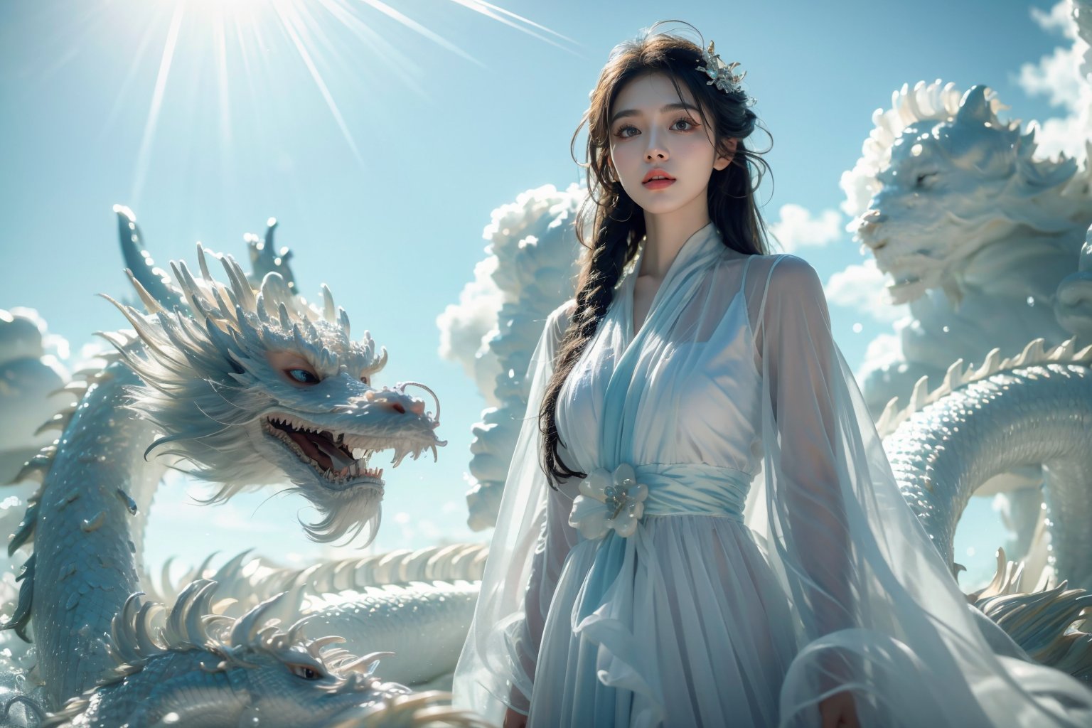 photorealistic,realistic,photography,masterpiece,best quality,ultra-detailed,extremely detailed CG unity 8k wallpaper,(reality: 1.4),1girl,solo, standing,black hair,long hair,hair ornament,looking at viewer,solo,long sleeves,blue sky,dress,jewelry,see-through,any cloud,blue dragon, one eastern dragon,((light blue)),<lora:JAY - BLUE DRAGON:0.8>,overview,, (best quality:1.3)