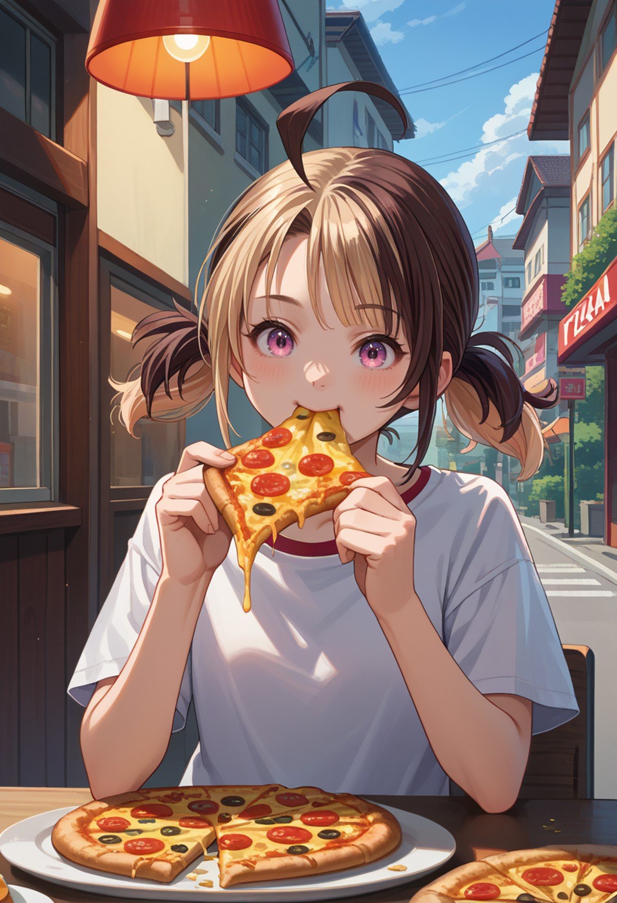 score_9, score_8_up, source_anime, 1girl, solo, GigiMurin, multicolored hair, short twintails, ahoge, t-shirt, eating, table, upper body, pizza, happy, lamp, outdoors, street, lamppost, <lora:ChamGigiMurinPonyXL:1>