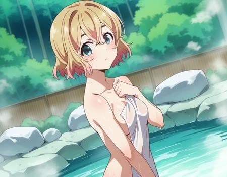 score_9, score_8_up, score_7_up, source_anime,maminanami, <lora:mami-nanami-s1-ponyxl-lora-nochekaiser:1>mami nanami, short hair, aqua eyes, blonde hair, hair between eyes,nude, naked, outdoors, onsen, towel, naked towel, steam, bathing, nude cover, partially submerged, water, bath, steam censor, wet towel,looking at viewer, dutch angle, cowboy shot