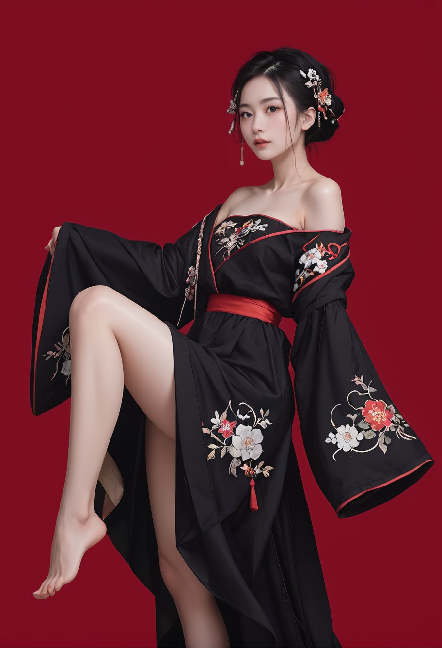 red background,1girl,solo,,ruanyi0766,hanfu,jewelry,black dress,off shoulder,wide sleeves,strapless,barefoot,<lora:0766 Northern and Southern Dynasties Hanfu_v1_pony:1>, score_9,score_8_up,score_7_up,,8k,1girl,solo,