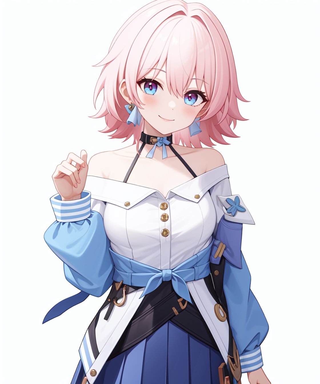 <lora:三月七v410:1:lbw=char>,march7th,1girl,solo,white shirt,long sleeves,blue jacket,blue skirt,black choker,earrings,pleated skirt,bare shoulders,smile,<lora:三月七v2:0:lbw=char>,, (masterpiece,best quality:1.2),absurdres, high quality,