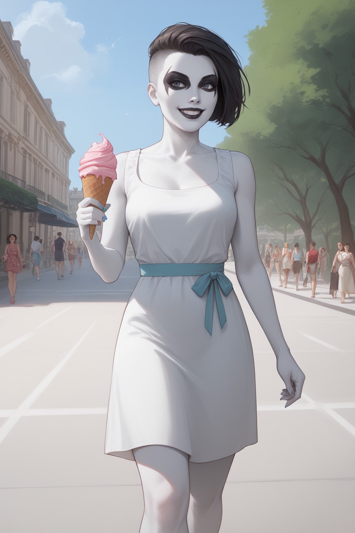 score_9, score_8_up, score_7_up, masterpiece, high quality <lora:CrushPonyLora:0.9> crsh, pale skin:1.2, white skin:1.2,  colored skin, facepaint, short hair, mohawk, summer dress, walking in paris, holding an ice cream, smile