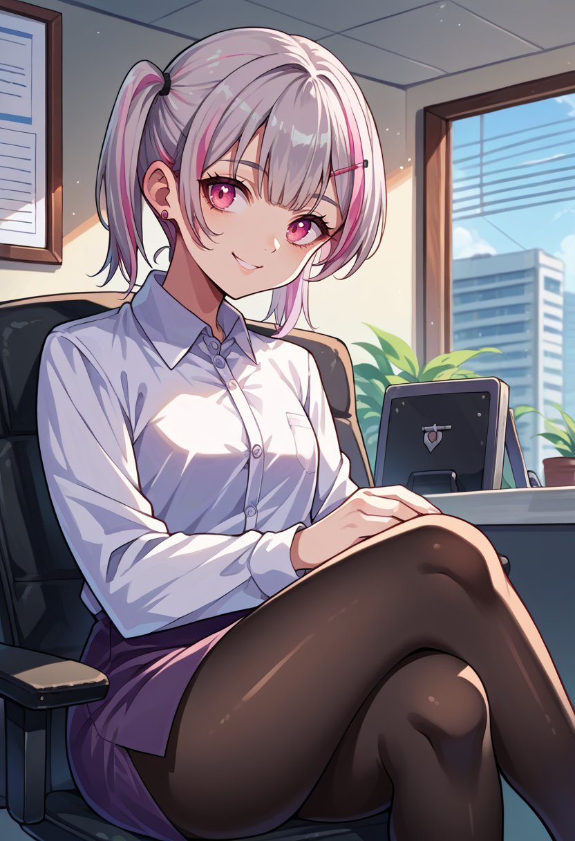 score_9, score_8_up, source_anime, 1girl, solo, AsumiSena, pink eyes, multicolored hair, grey hair, pink hair, short hair, twintails, hairclip, indoors, office lady, office chair, sitting, crossed legs, miniskirt, black pantyhose, dress shirt, smile, <lora:ChamAsumiSenaPonyXL:1>