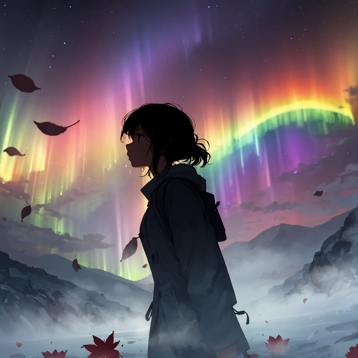 1girl, flowers, leaf, swirling mist, rainbow mist, dripping, traditional texture, (silhouette:1.3), rainbow:1.3, aurora borealis, meteor shower