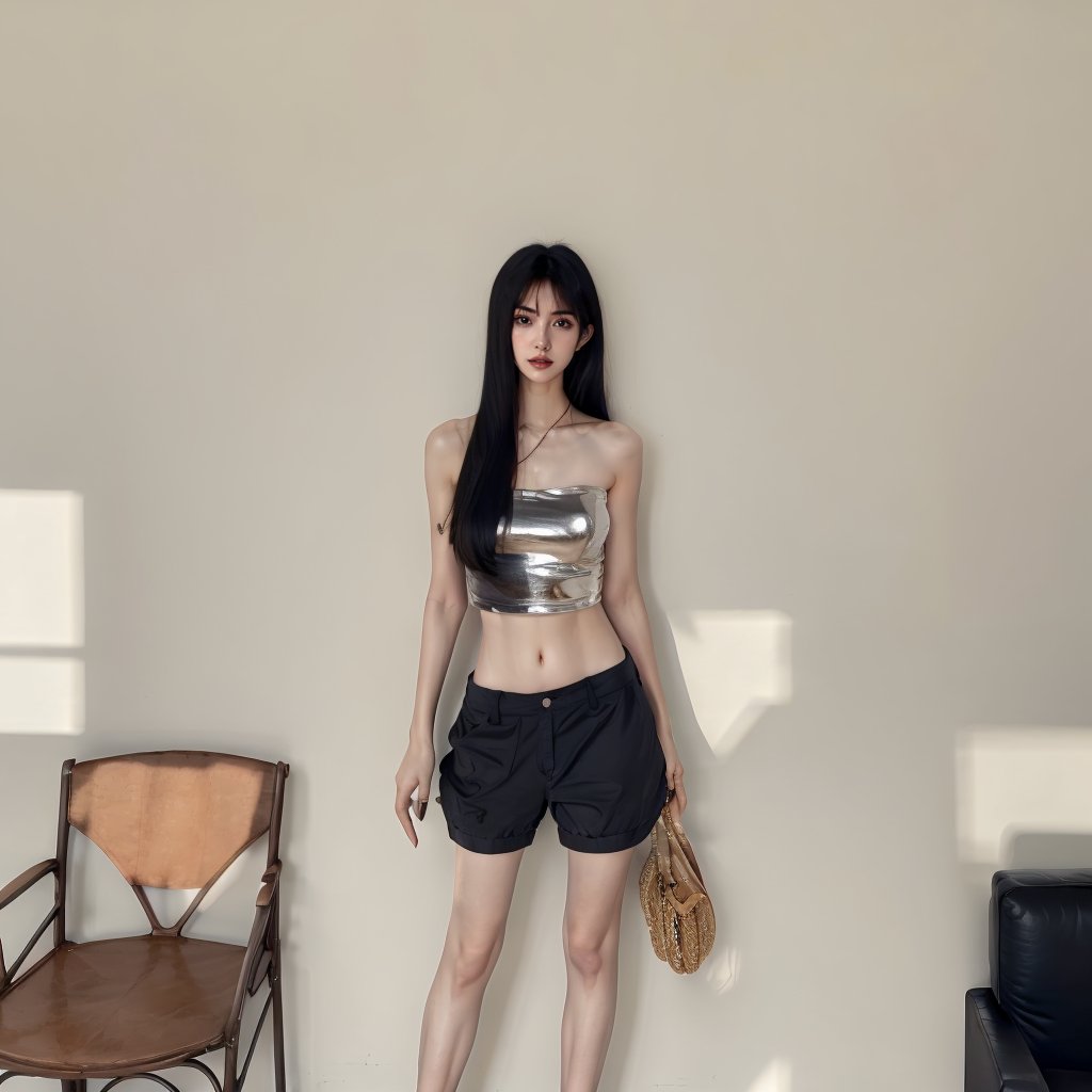 1girl,shiny_skin,black hair,bare shoulders,chest,standing,sunlight,<lora:kuku（0.86）:0.8>,