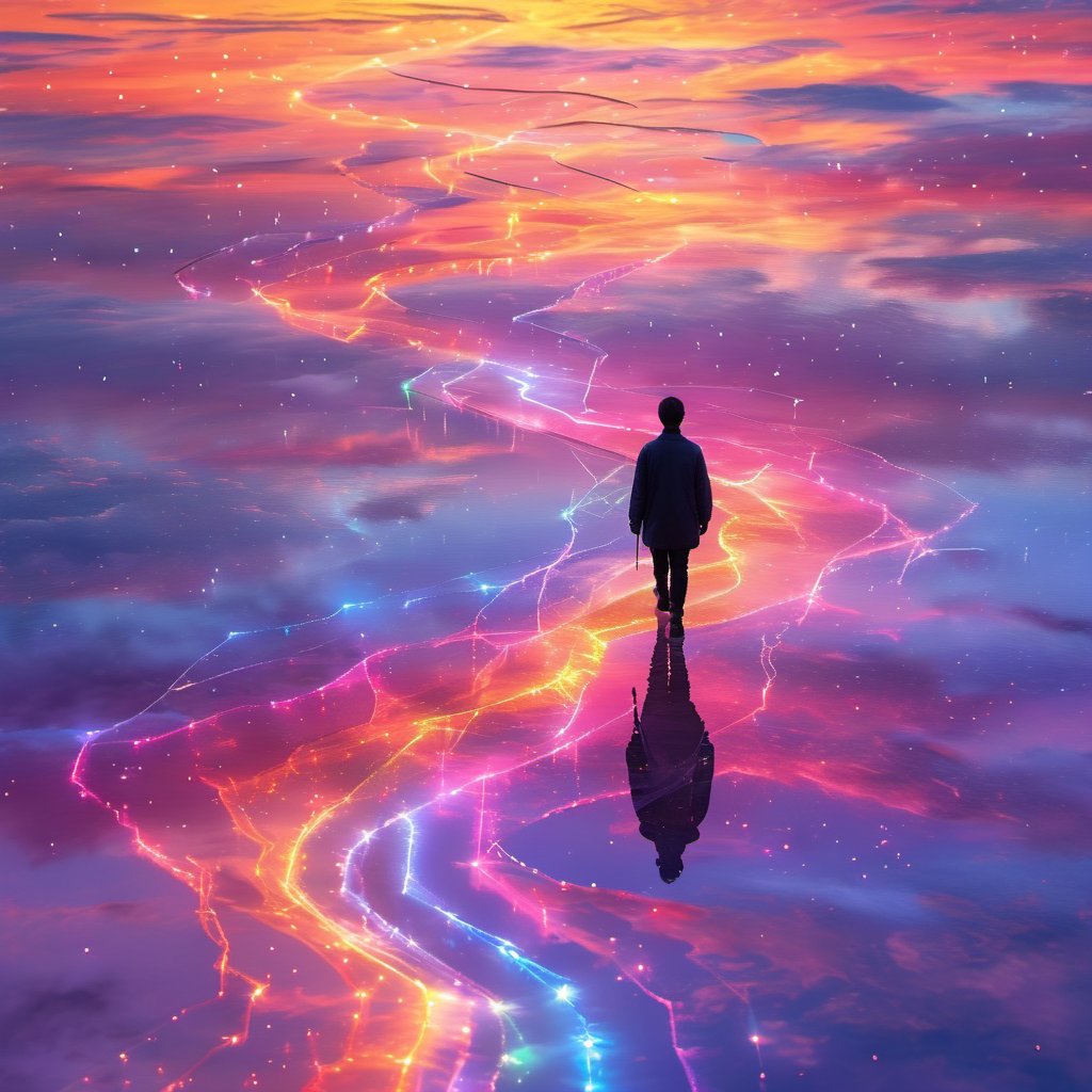 zailus,solo,short hair,1boy,standing,male focus,outdoors,sky,cloud,water,from behind,shadow,star (sky),scenery,reflection,walking,silhouette,wide shot,colorful,<lora:zailus-000009:0.8>,, (high quality), best quality, (4k), 8k, super detailed, (full detail), (masterpiece), (realistic), super detailed,(Exquisite details) ,intricate,