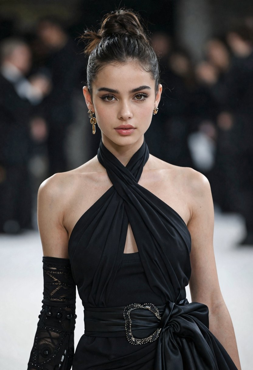 masterpiece,  luxury fashion editorial,  beautiful woman wearing an avant garde black dress by Electric Dreams on Tensor.Art