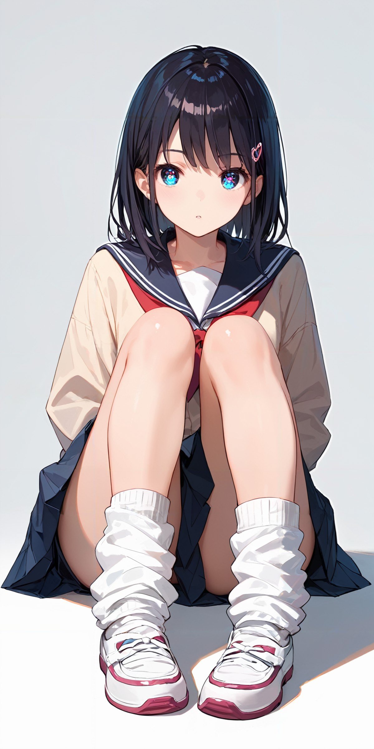 score_9, score_8_up, score_7_up,source_anime, high res image,masterpiece,best quality,girl,cute face,clear skin,shiny hair,ultra detailed eyes,simple background, <lora:loose socks_pony_V1.0:0.6> jyojifuku, school uniform, loose socks,sitting