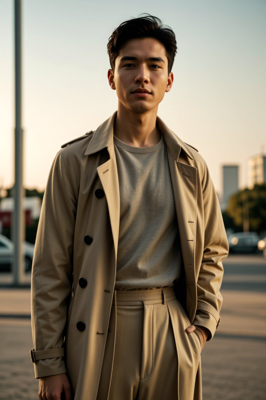 candid photo of a man, dismayed, beige trench coat, striped crewneck sweater and tailored trousers, cropped arms, under warm golden hour lighting, chest-high, shot on a Lomochrome color film