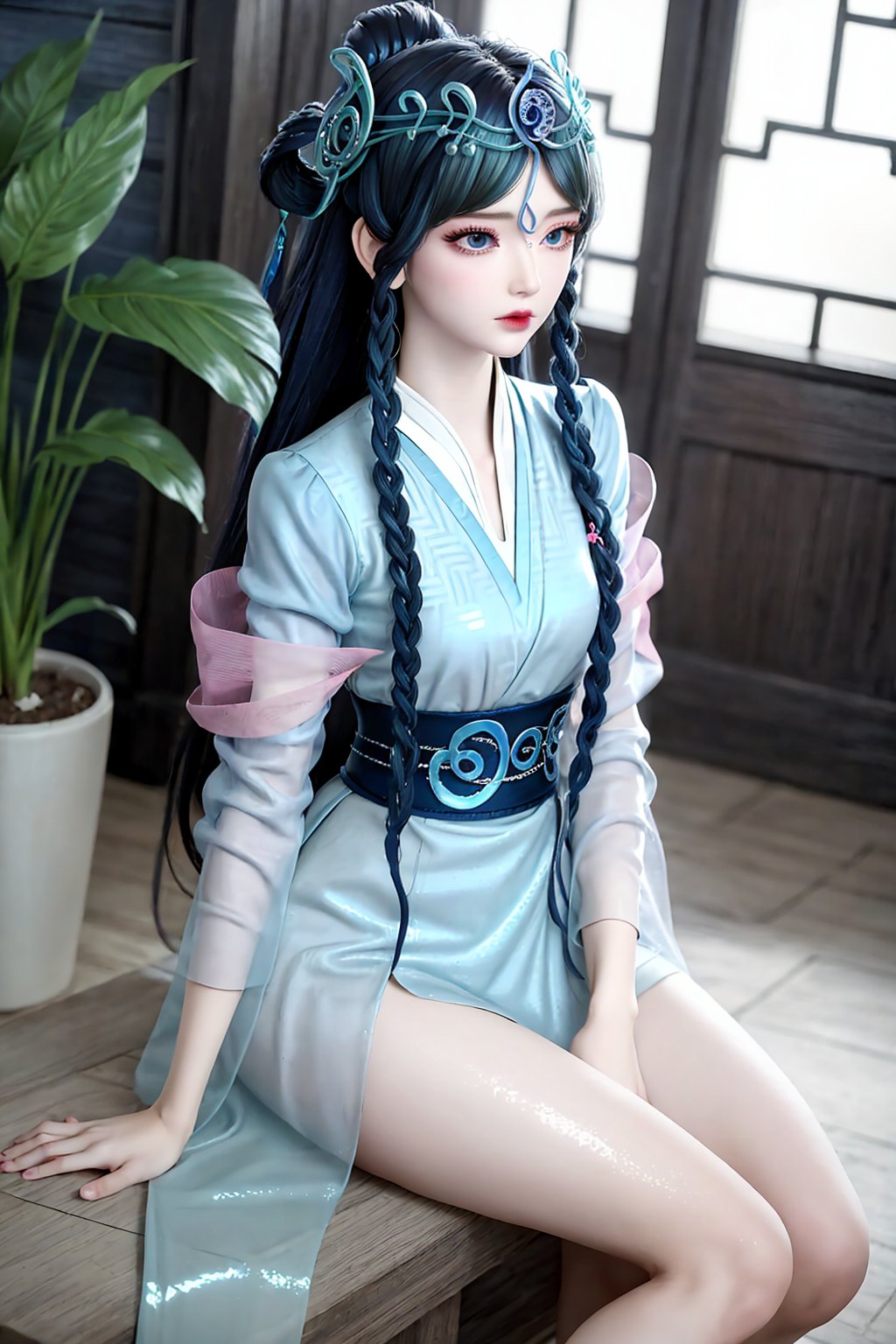 sitting, (hand_between_legs), dress, chinese_clothes, long_sleeves, looking_at_viewer, (8k, RAW photo, best_quality),(highly_detailed),(masterpiece:1.2),(ultra-detailed),(extremely_detailed_cg_8k_wallpaper),(realistic:1.2),(photorealistic:1.3),(scenery,  east_asian_architecture, potted_plant,  plant),1girl, solo, braid, hair_rings, hair_ornament, black_hair, long_hair, twin_braids, blue_eyes,  eyeshadow, eyelashes, jewelry, earrings,makeup, hanfu, small_breasts, white_legwear, fingernails,nail_polish,photo_\(medium\),(texture_skin:1.3),(shiny_skin:1.4),(an_extremely_delicate_and_beautiful),<lora:syqiangk_加强_乐音_C9_2.1:0.8>,