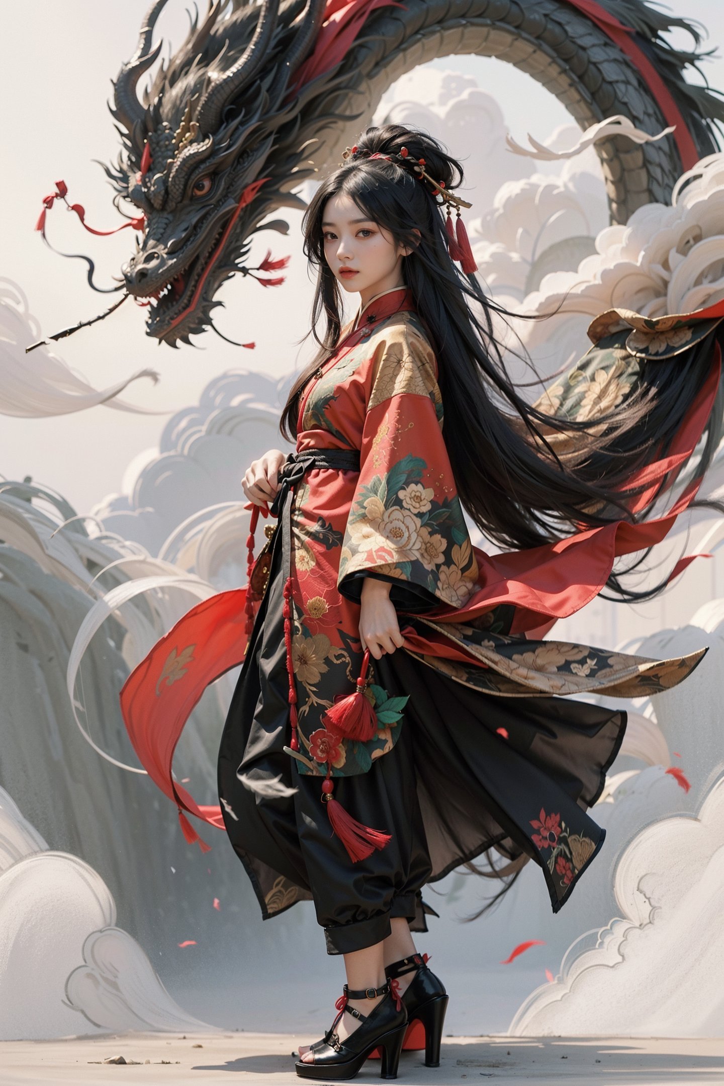 1girl,thick thighs, dragon, eastern dragon, black hair, hair ornament, long hair, floral print, solo, holding,red chinese clothes, black footwear, cloud, high heels, full body, long sleeves, standing, sash, smoke, looking at viewer, hair stick, tassel, jewelry,Zhang Daqian's paintings,<lora:绪儿-水墨龙 Ink Painting:0.7>