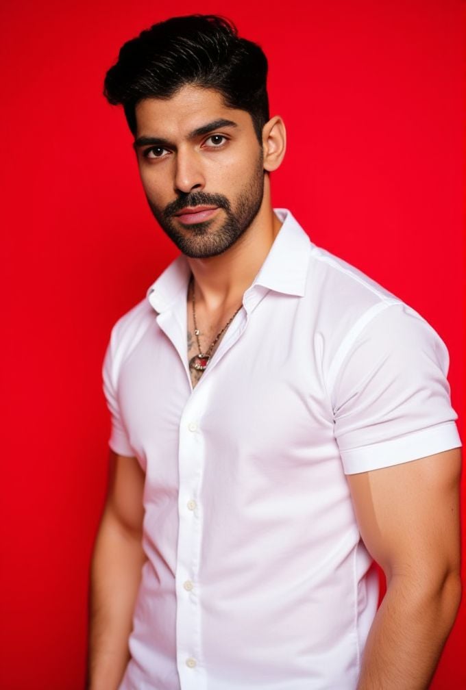 Smaran Sahu ,  The image is a high-resolution photograph. standing against a solid red background. wavy hair styled to the...