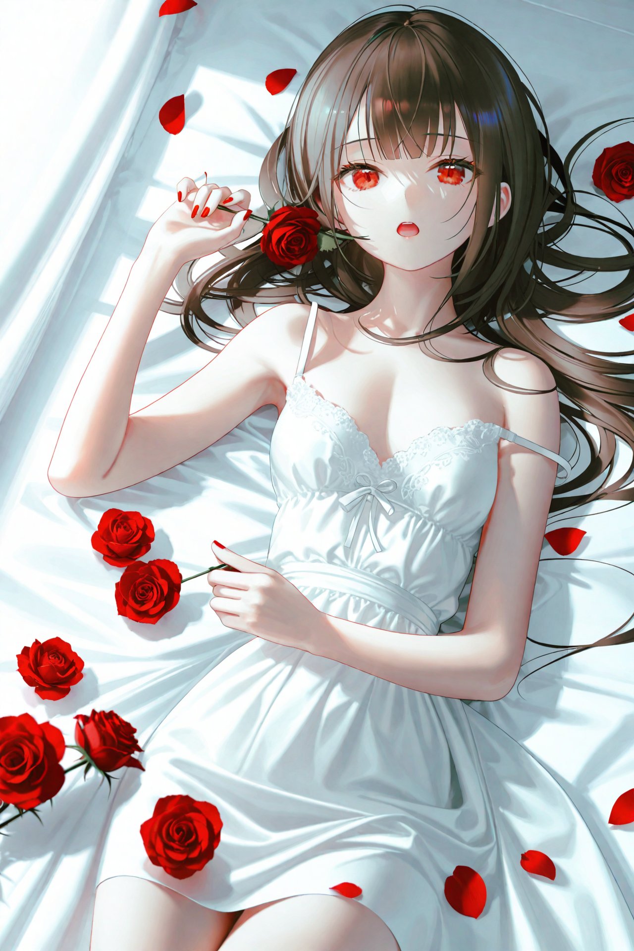 masterpiece,best quality,illustration,ultra detailed,hdr,Depth of field,(colorful),[Artist chen bin],[iumu],[Artist omone hokoma agm],Artist roha,1girl,solo,petals,red eyes,long hair,lying,brown hair,flower,on back,rose,looking at viewer,strap slip,open mouth,nail polish,red flower,bare shoulders,rose petals,bed sheet,bare arms,dress,white dress,red rose,sleeveless,red nails,breasts,sleeveless dress,holding,curtains,