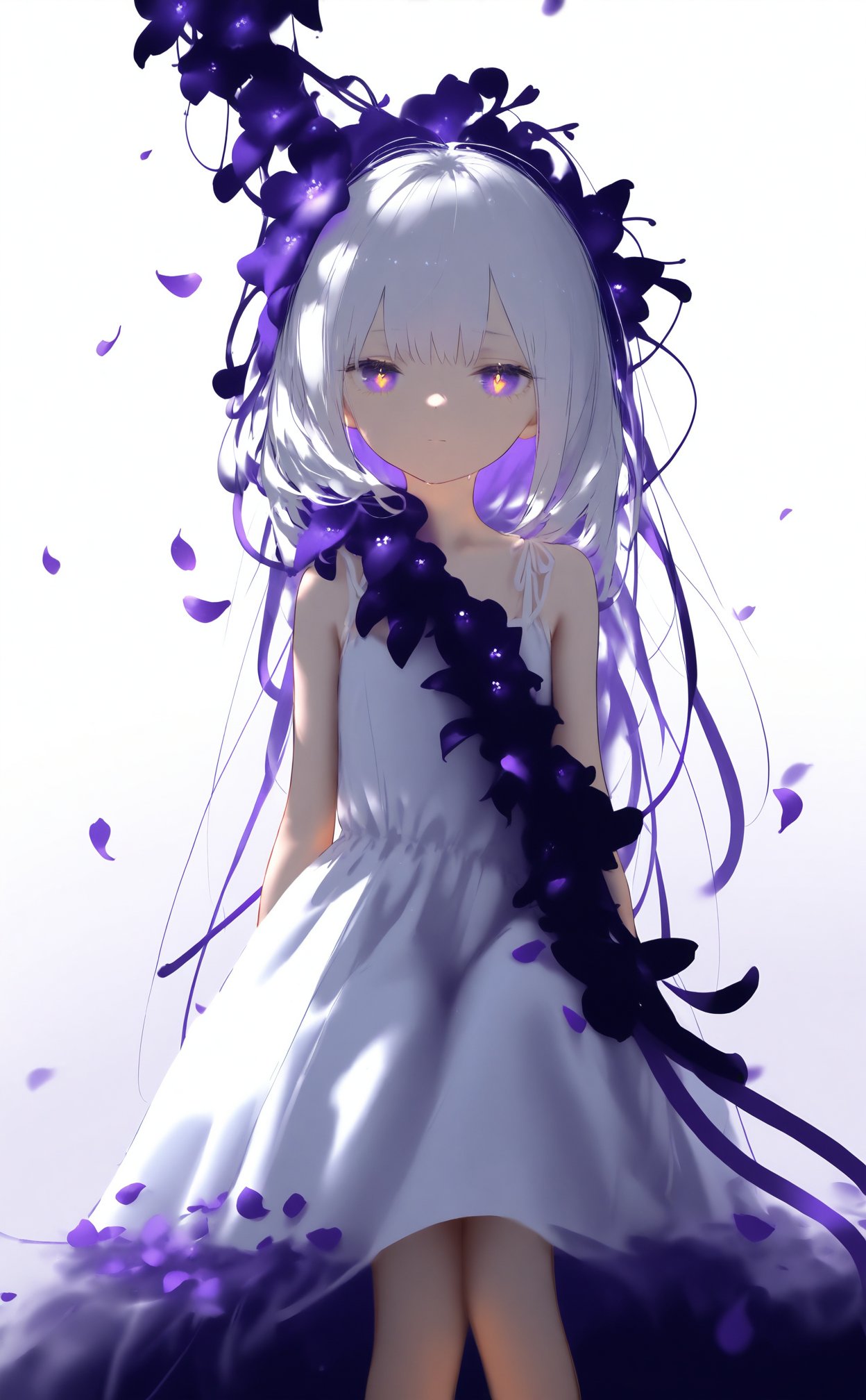 masterpiece,best quality,high quality,(colorful),nai3 Style,loli,white background,Dundar effect,a lot of purple vines,vines covering half of the painting,delicate plant details,a girl,girl,petite girl,long white hair,golden pupils,white dress,bare feet,side,side,upper body,head up,sad eyes,rain,light,figure light,petals,purple filter,left,fog,dream,unreal,Blur,float light,