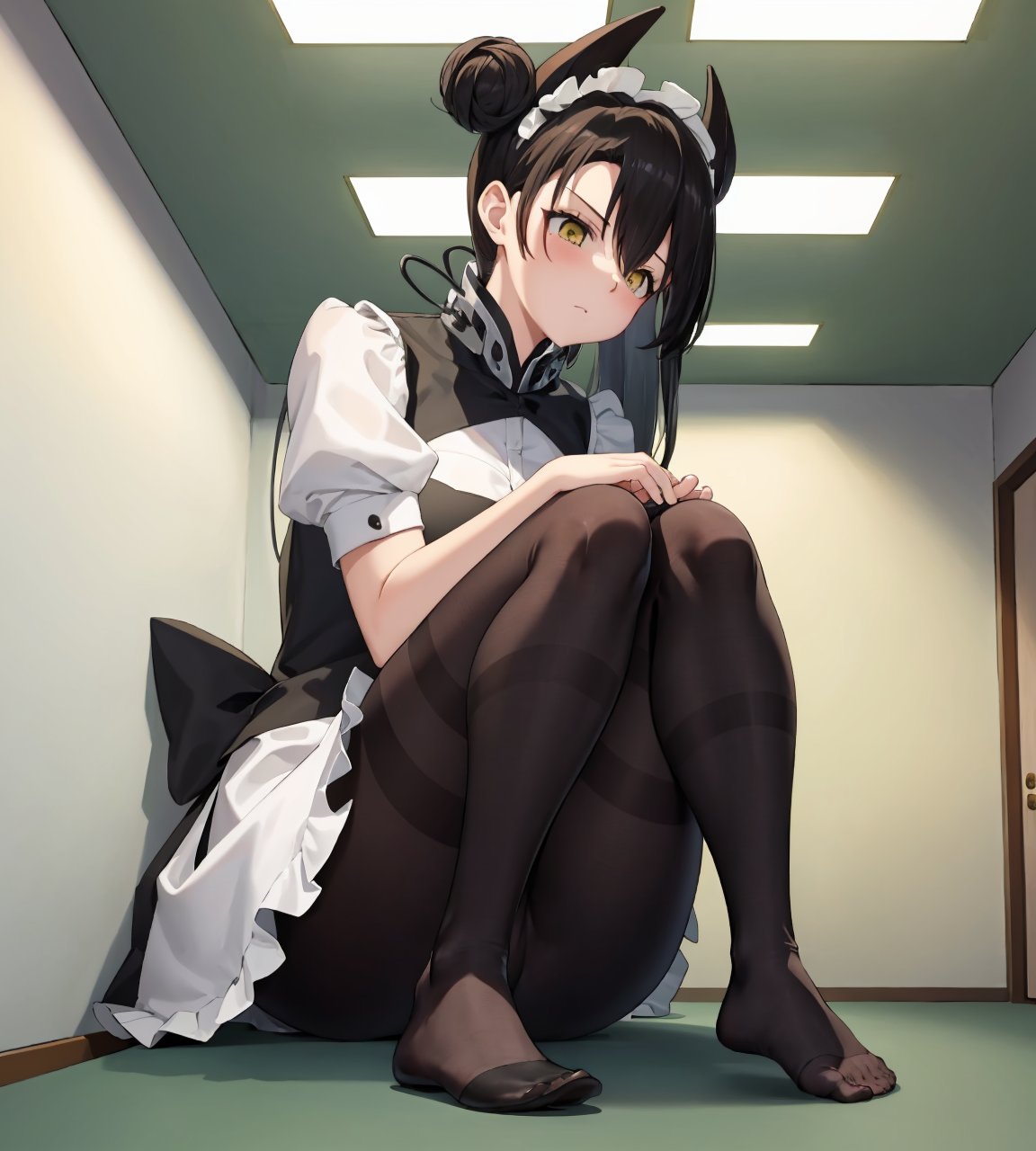 1girl, agentsf, maid, (GTScramped, giantess:1.2), indoors, full body, (head touching ceiling, sitting against wall:1.2)<lora:AgentSF:1> <lora:GTSv5:1> 