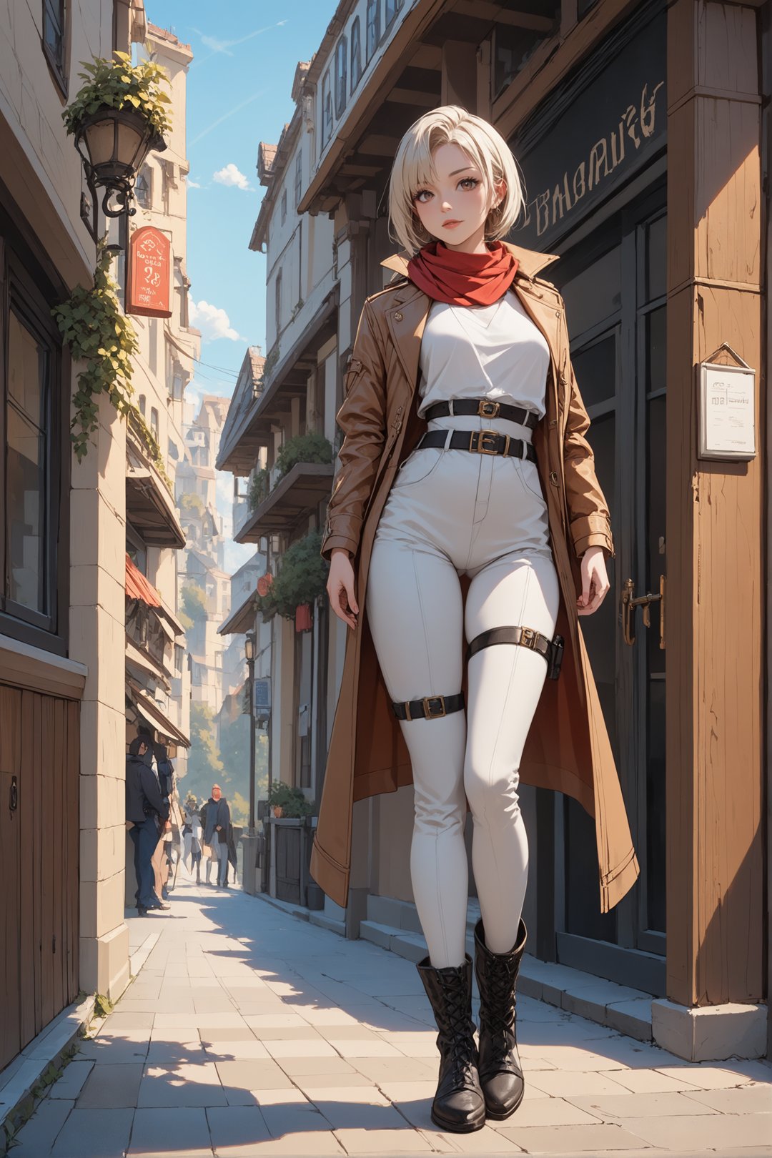 1girl, survey corps \(emblem\), thigh strap, harness,boots, leather skirt,white pants, white shirt,full body, standing, belt, red scarf, open jacket, brown jacket, cropped jacket, Shag haircut hairstyle, In a traditional coffee shop, masterpiece, best quality, 8k, score_9, score_8_up, score_7_up,