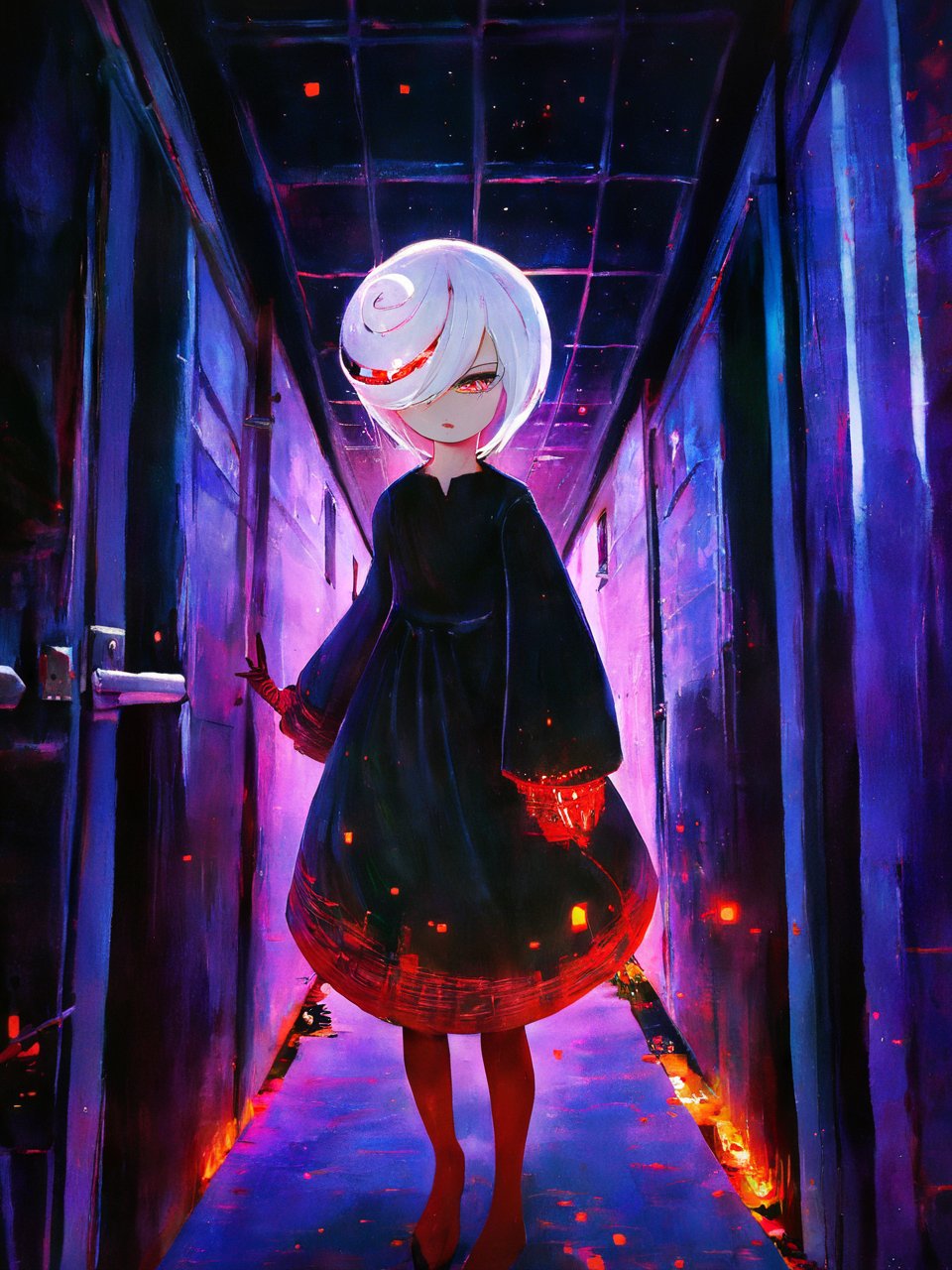 1girl, sageai, (portrait:1.3), standing, long sleeves, black dress, white hair, corridor, night <lora:SageAI-XL:1>