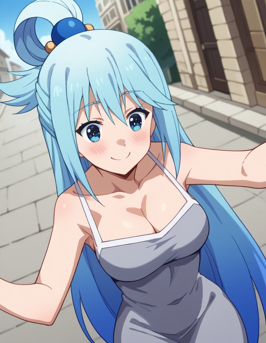 score_9, score_8_up, score_7_up, source_anime, konosubaaqua, <lora:konosuba-aqua-s2-ponyxl-lora-nochekaiser:1>, aqua (konosuba), long hair, blue eyes, hair ornament, very long hair, blue hair, hair rings, single hair ring, hair bobbles,, <lora:dongtan-dress-ponyxl-lora-nochekaiser:1>, dongtan dress, cleavage, taut dress, grey dress, collarbone,, outdoors, street, blush, smile,, cowboy shot, dutch angle,