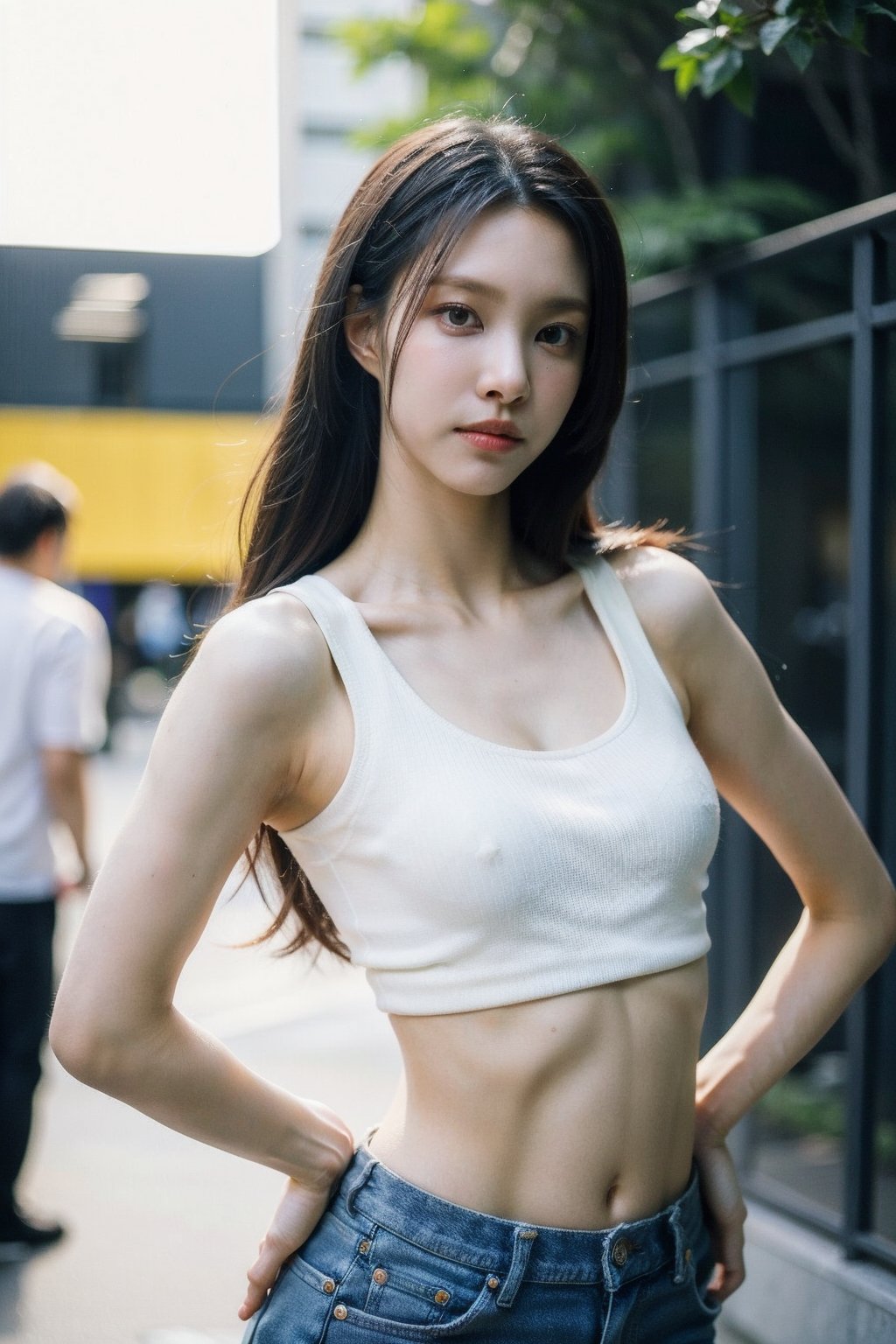 Best quality, masterpiece, ultra high res, (photorealistic), raw photo,1girl, skinny, upper body,solo, realistic, looking at viewer, long hair, bokeh background, city streets,brown eyes,navel, tanktop, jeans,  <lora:makina69_yunah_v1.0:1>