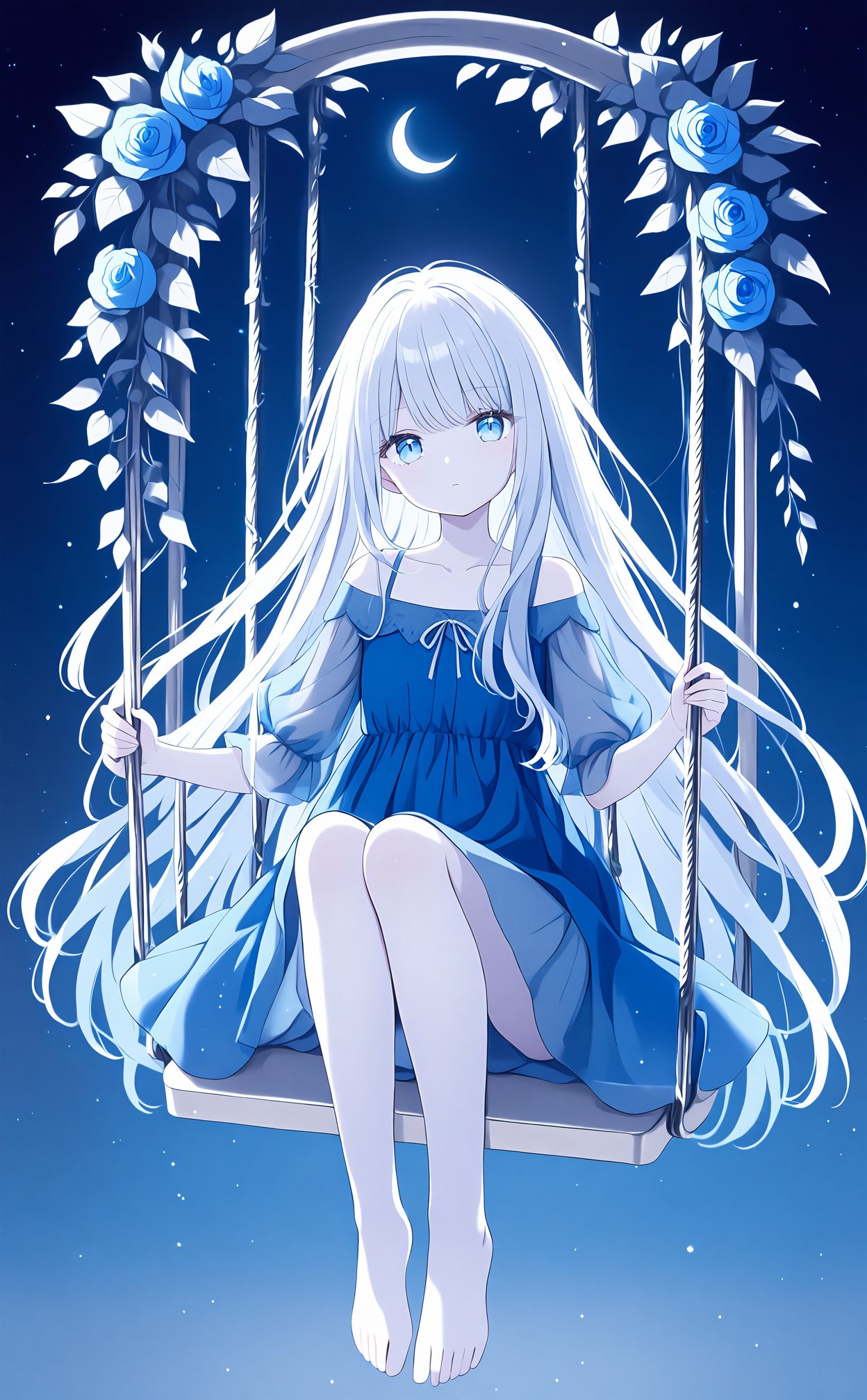 worst quality,1girl,swing,dress,solo,flower,blue eyes,blue flower,long hair,blue dress,barefoot,sitting,white hair,looking at viewer,blue rose,blue theme,rose,swinging,moon,light particles,pale skin,blue background,vines,off shoulder,full body,expressionless,closed mouth,night,moonlight,collarbone,plant,crescent moon,very long hair,