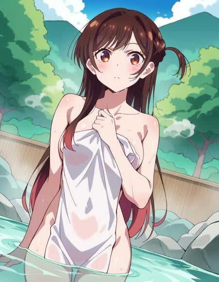 score_9, score_8_up, score_7_up, source_anime,chizuruichinose, <lora:chizuru-ichinose-s1-ponyxl-lora-nochekaiser:1>,chizuru ichinose, long hair, bangs, brown hair, brown eyes, one side up,nude, naked, outdoors, onsen, towel, naked towel, steam, bathing, nude cover, partially submerged, water, bath, steam censor, wet towel,looking at viewer, cowboy shot, solo, dutch angle,