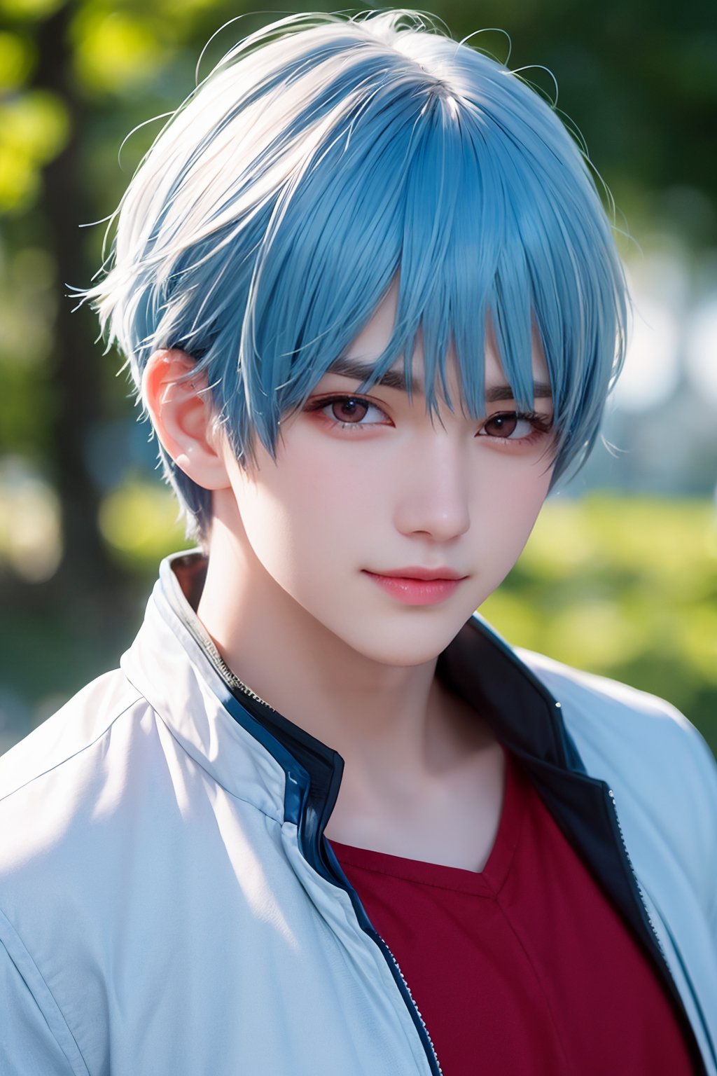 intricate details, hansome boy, Light blue hair, white skin, red eyes, sharp jawline, cropped jacket, messy hair, lips, upper body, close up, smirk, outdoors,