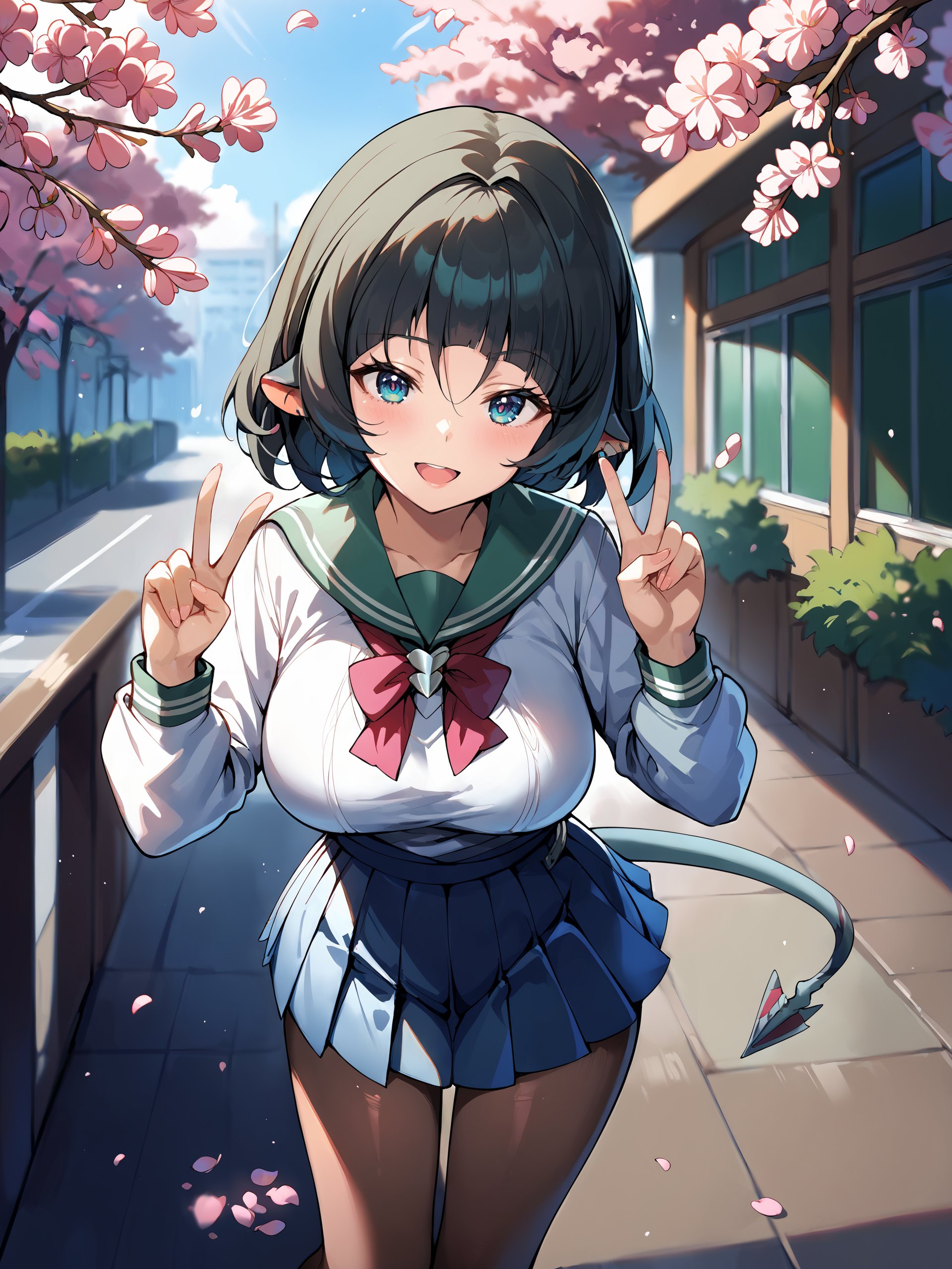 1girl, jane doe \(zenless zone zero\), long hair, solo, school uniform, white shirt, sweater, pleated skirt, pantyhose, smile, open mouth, double v, looking at viewer, smile, open mouth, outdoors, street, cherry blossoms, petals, depth of field, tail <lora:Char-ZZZ-JaneDoe-V1-Pony:1> score_9, score_8_up, score_7_up, source_anime  