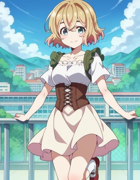 score_9, score_8_up, score_7_up, source_anime,maminanami, <lora:mami-nanami-s1-ponyxl-lora-nochekaiser:1>mami nanami, short hair, aqua eyes, blonde hair, hair between eyes,skirt, shirt, collarbone, white shirt, short sleeves, frills, shoes, socks, white socks, corset,outdoors, cityscape, smile,looking at viewer, dutch angle, cowboy shot