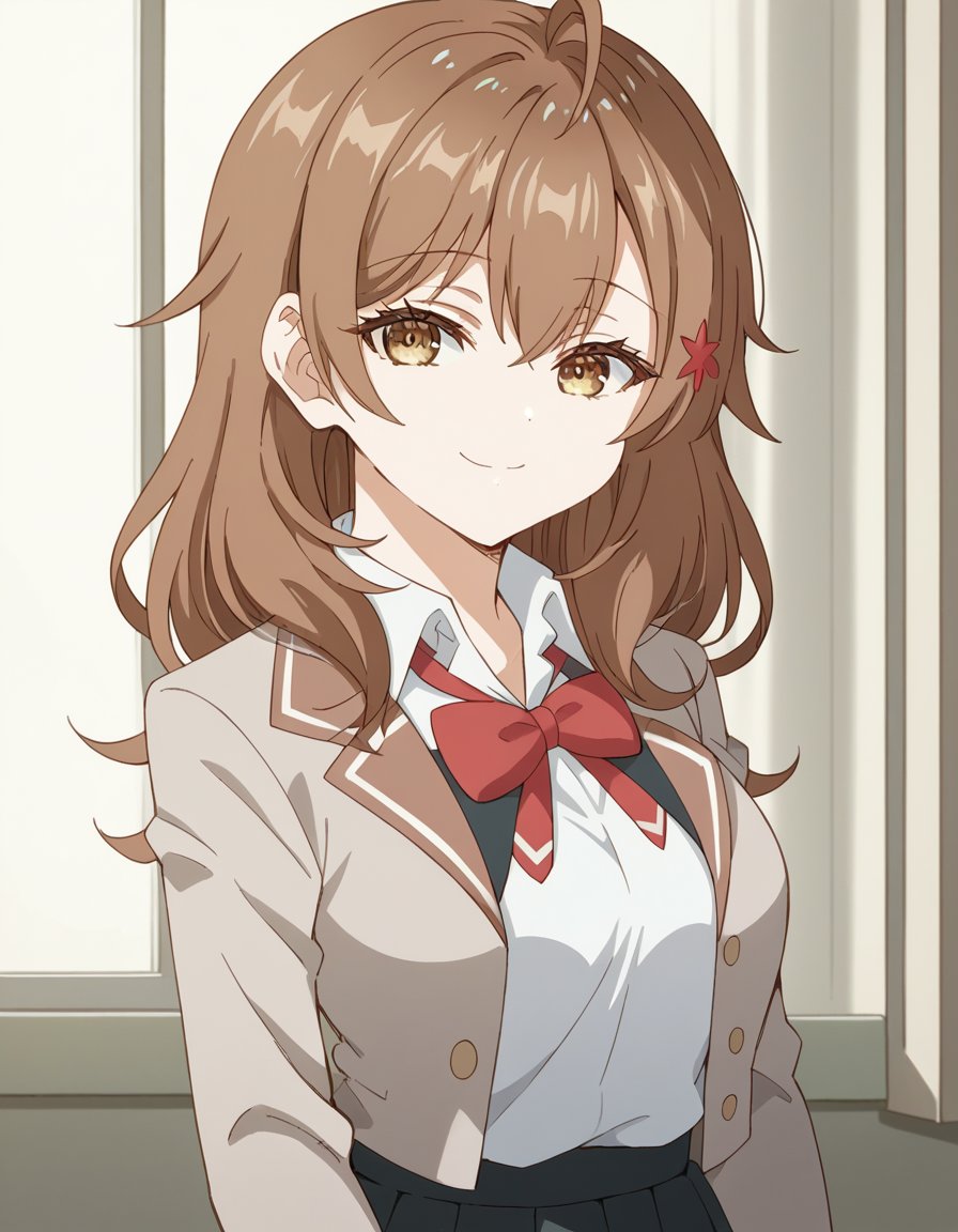 score_9, score_8_up, score_7_up, source_anime, <lora:maria-mikhailovna-kujou-s1-ponyxl-lora-nochekaiser:1>, maria mikhailovna kujou, long hair, bangs, brown hair, hair ornament, hair between eyes, brown eyes, ahoge, large breasts,, skirt, shirt, long sleeves, bow, school uniform, jacket, white shirt, pleated skirt, collared shirt, bowtie, black skirt, red bow, red bowtie, blazer, grey blazer, long sleeves,, hospital room, bedside, get well flowers, comforting, quiet, smile, looking at viewer, undefined, solo,, cowboy shot, dutch angle