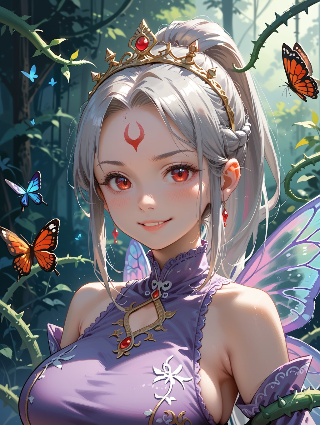 score_9, score_8_up, score_7_up, 1girl, solo, , grey hair, ponytail, red eyes, forehead mark, hairband, tiara, vines, thorns, black and purple dress, sleeveless, detached sleeves, purple sleeves, butterfly wings, huge breasts, looking at you, upper body, smirk, night, forest, portrait, happy, blush